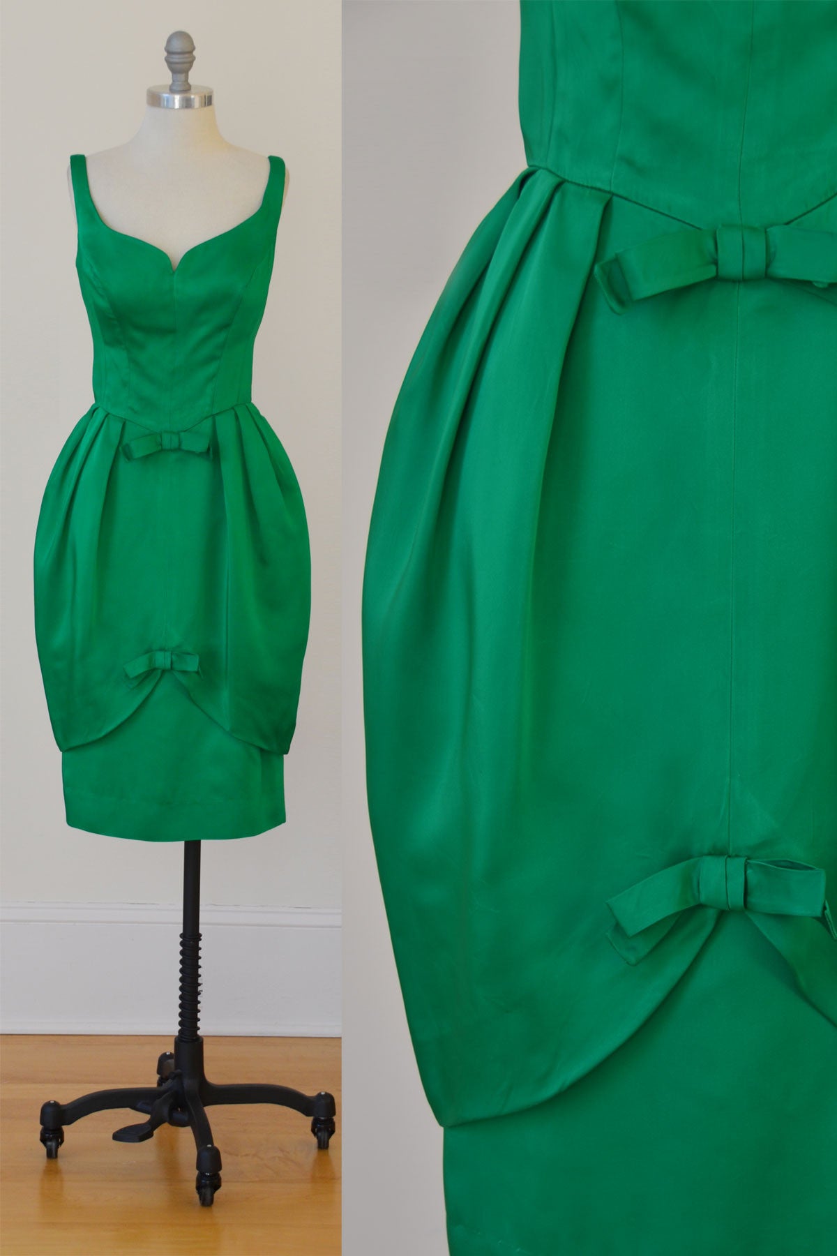 1960's Emerald Green Satin Bombshell Vintage Party Dress with Petal Skirt