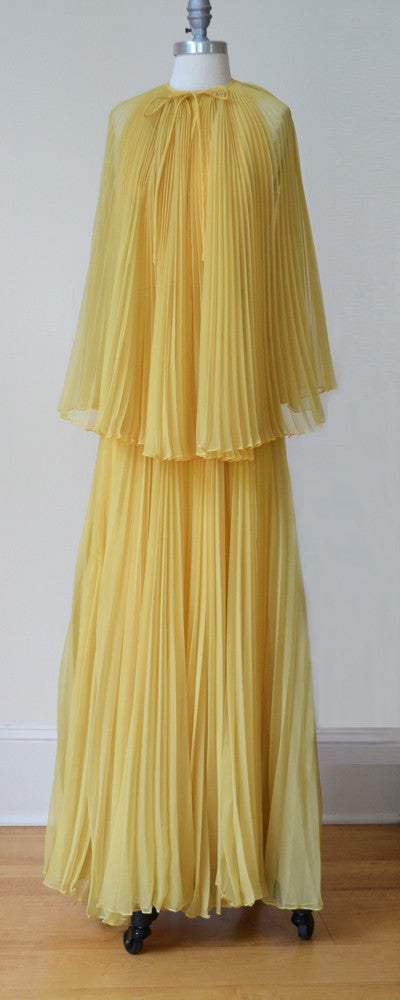 1960s MOD Pleated Marigold Chiffon Maxi Dress and Cape by Miss Bergdor | VintageVirtuosa 1960s MOD Pleated Marigold Chiffon Maxi Dress and Cape by Miss Bergdor | VintageVirtuosa