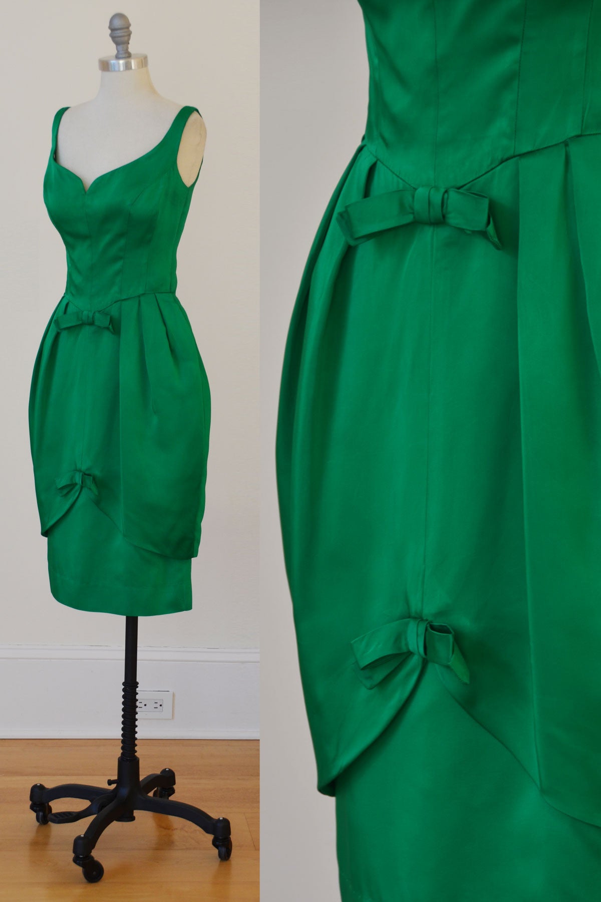 1960's Emerald Green Satin Bombshell Vintage Party Dress with Petal Sk | VintageVirtuosa 1960's Emerald Green Satin Bombshell Vintage Party Dress with Petal Sk | VintageVirtuosa
