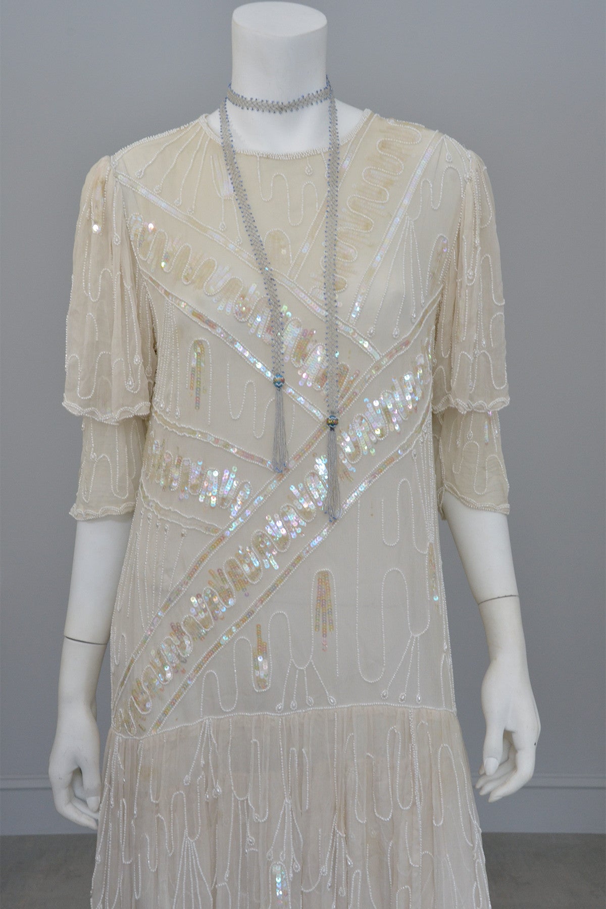70s 20s Antique White Sequins Pearls Titanic Flapper Dress by Lillie Rubin