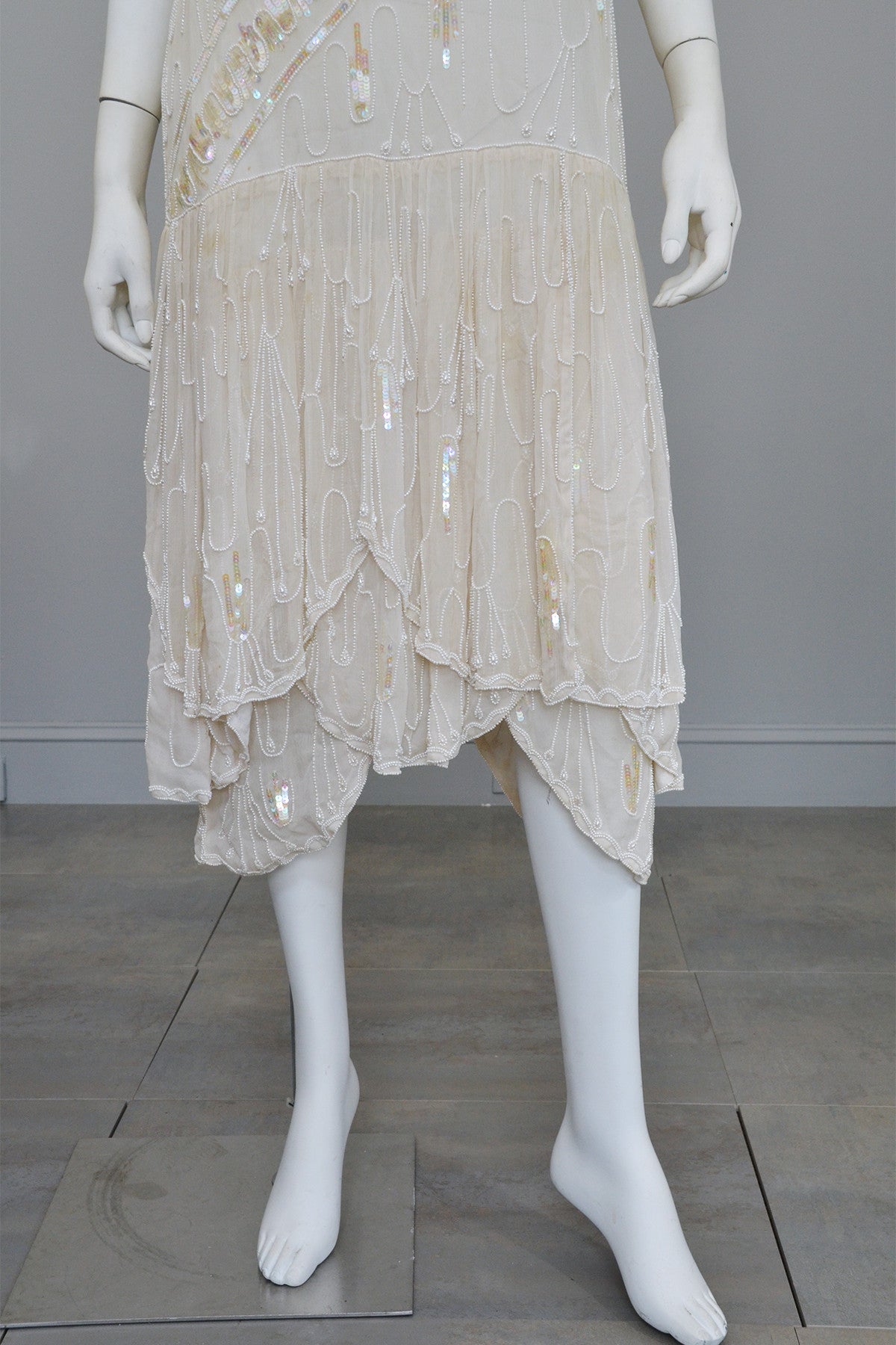 70s 20s Antique White Sequins Pearls Titanic Flapper Dress by Lillie R 70s 20s Antique White Sequins Pearls Titanic Flapper Dress by Lillie R