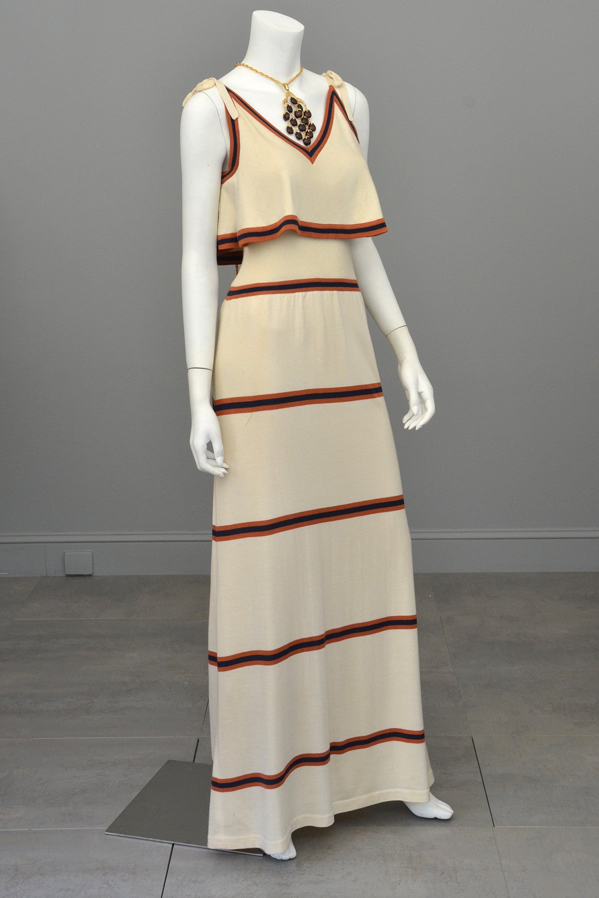 1970s Knit Maxi Dress with Flounce Top, Navy and Nutmeg Stripes, Italian knit by Crissa 1970s Knit Maxi Dress with Flounce Top, Navy and Nutmeg Stripes, Italian knit by Crissa