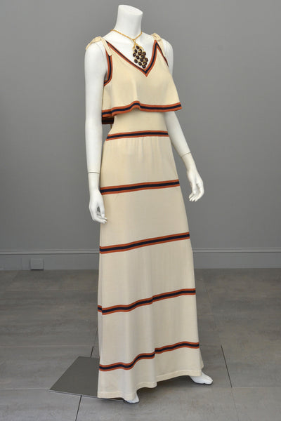 1970s Knit Maxi Dress with Flounce Top, Navy and Nutmeg Stripes, Italian knit by Crissa