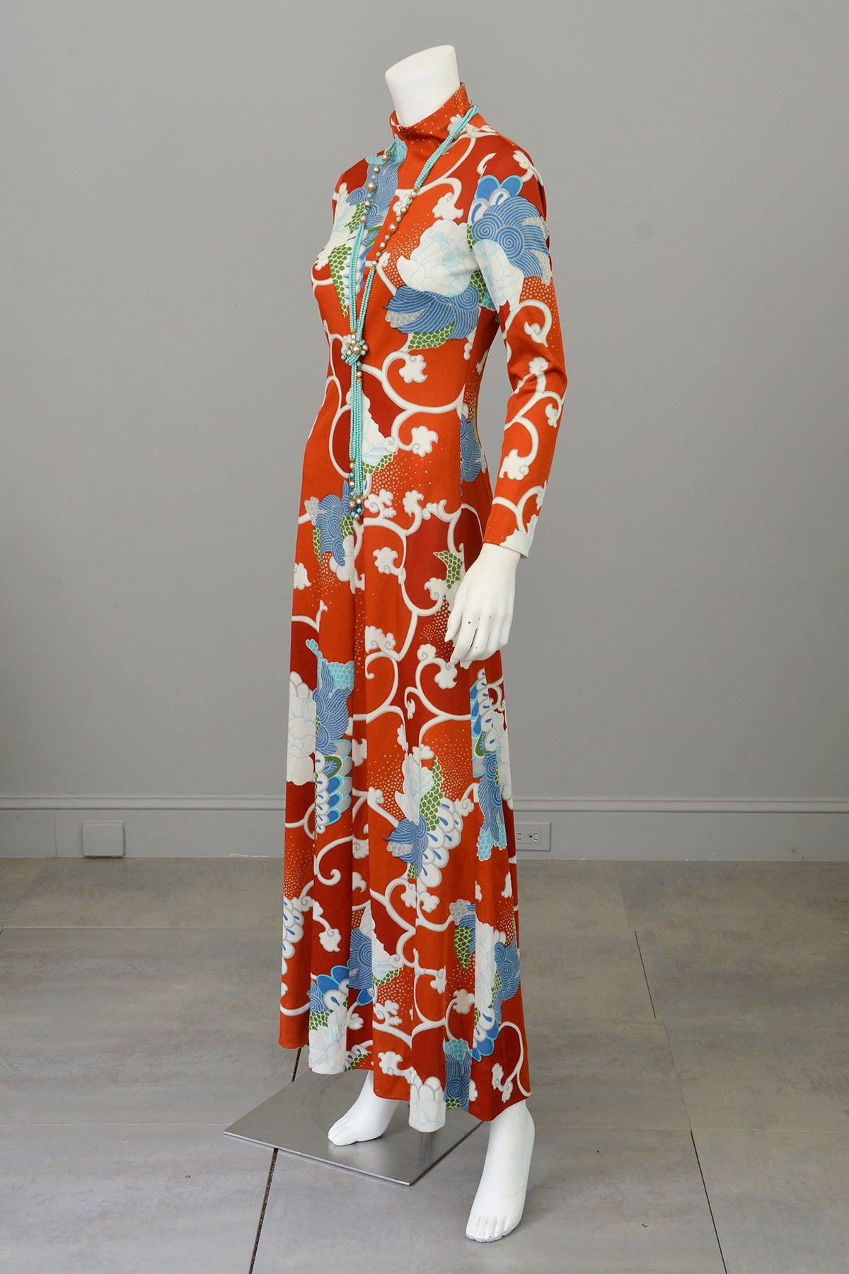 1970s Burnt Orange Blue Retro Abstract Op Art Print Maxi Dress 1970s Burnt Orange Blue Retro Abstract Op Art Print Maxi Dress
