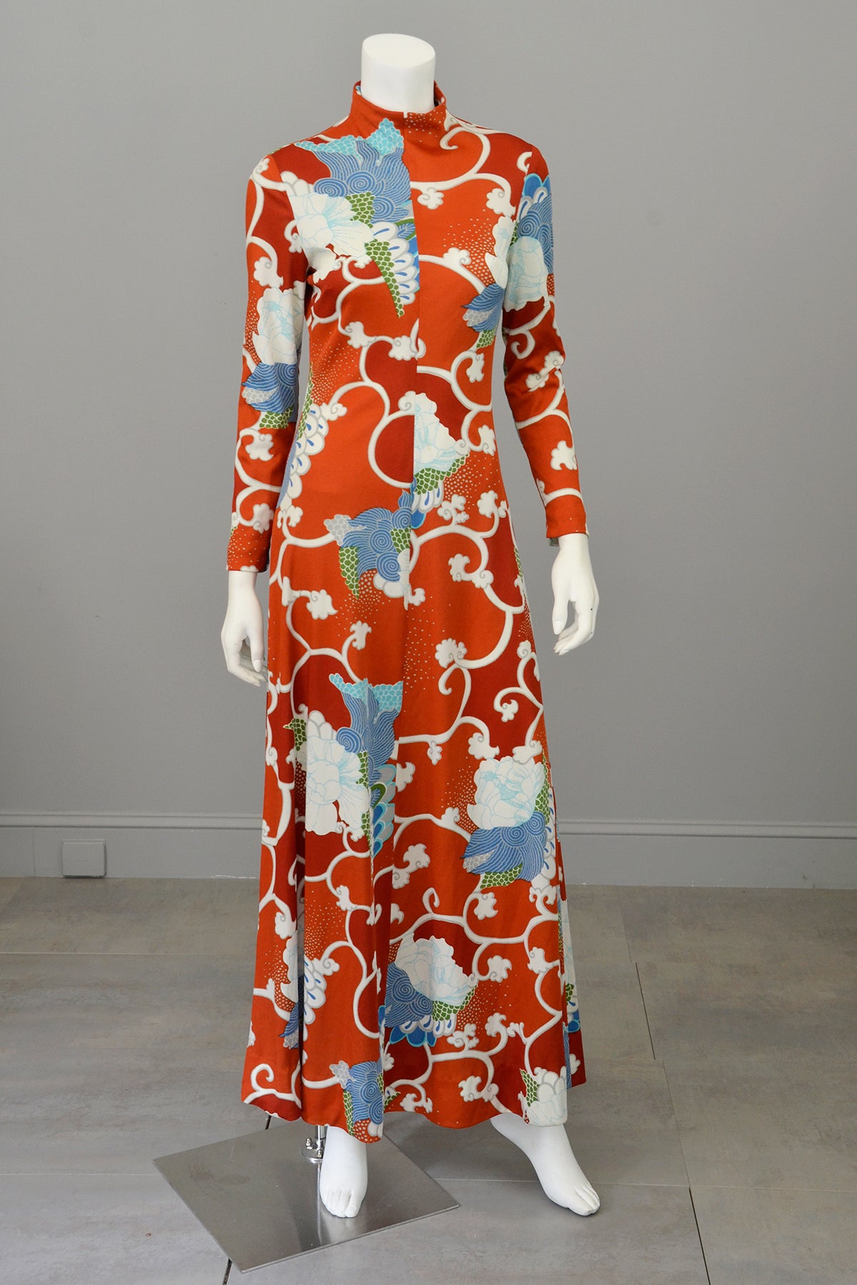 1970s Burnt Orange Blue Retro Abstract Op Art Print Maxi Dress