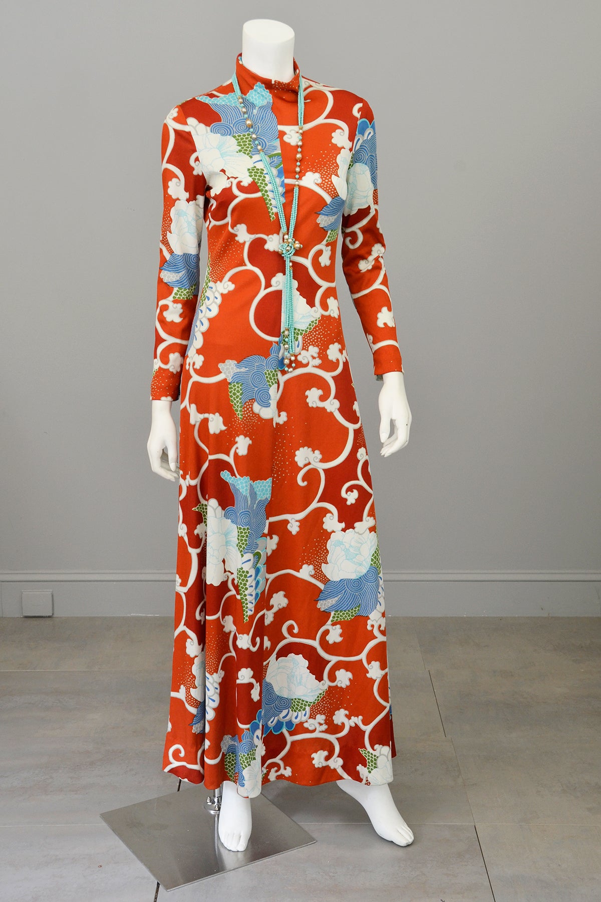 1970s Burnt Orange Blue Retro Abstract Op Art Print Maxi Dress