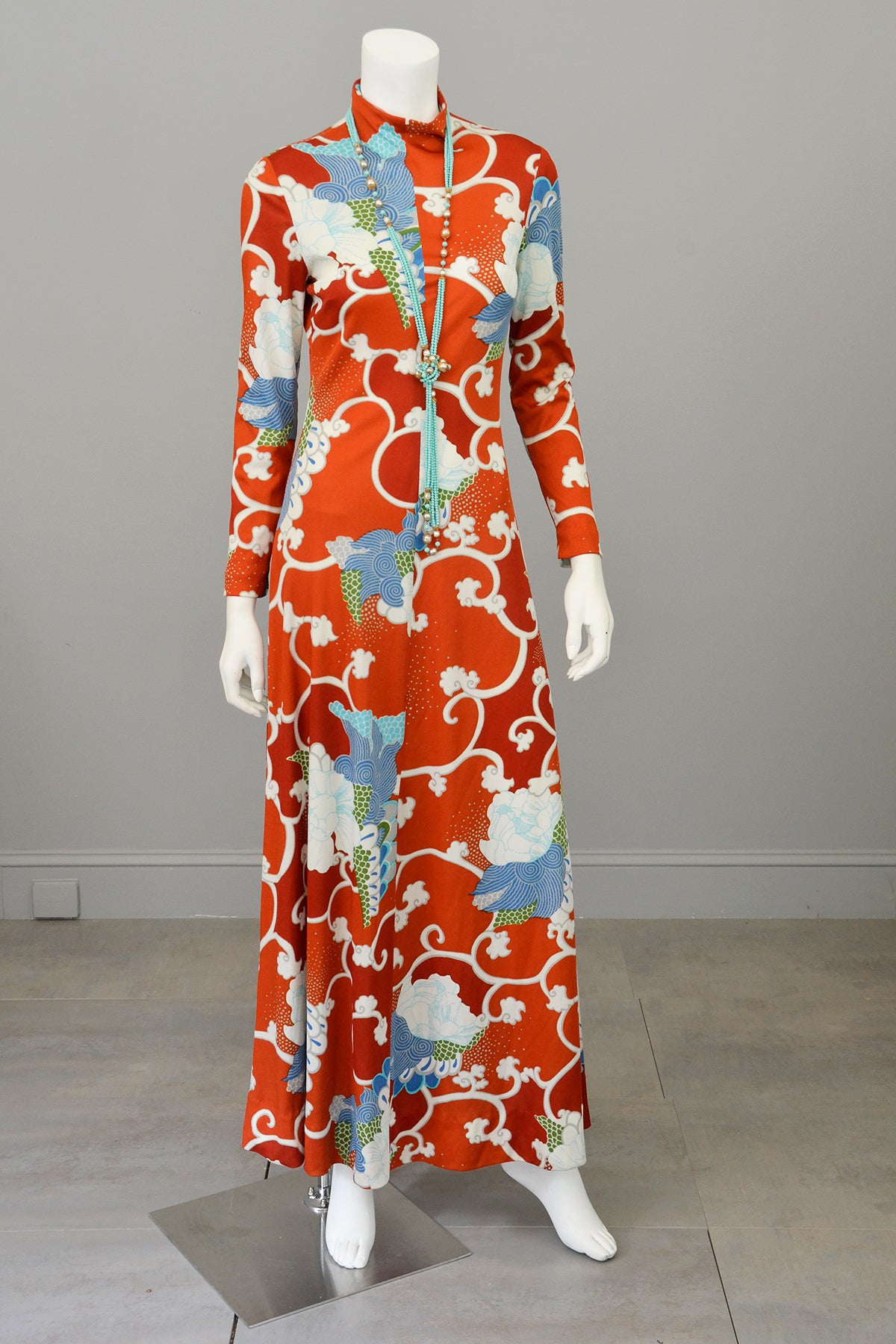 1970s Burnt Orange Blue Retro Abstract Op Art Print Maxi Dress | VintageVirtuosa 1970s Burnt Orange Blue Retro Abstract Op Art Print Maxi Dress | VintageVirtuosa