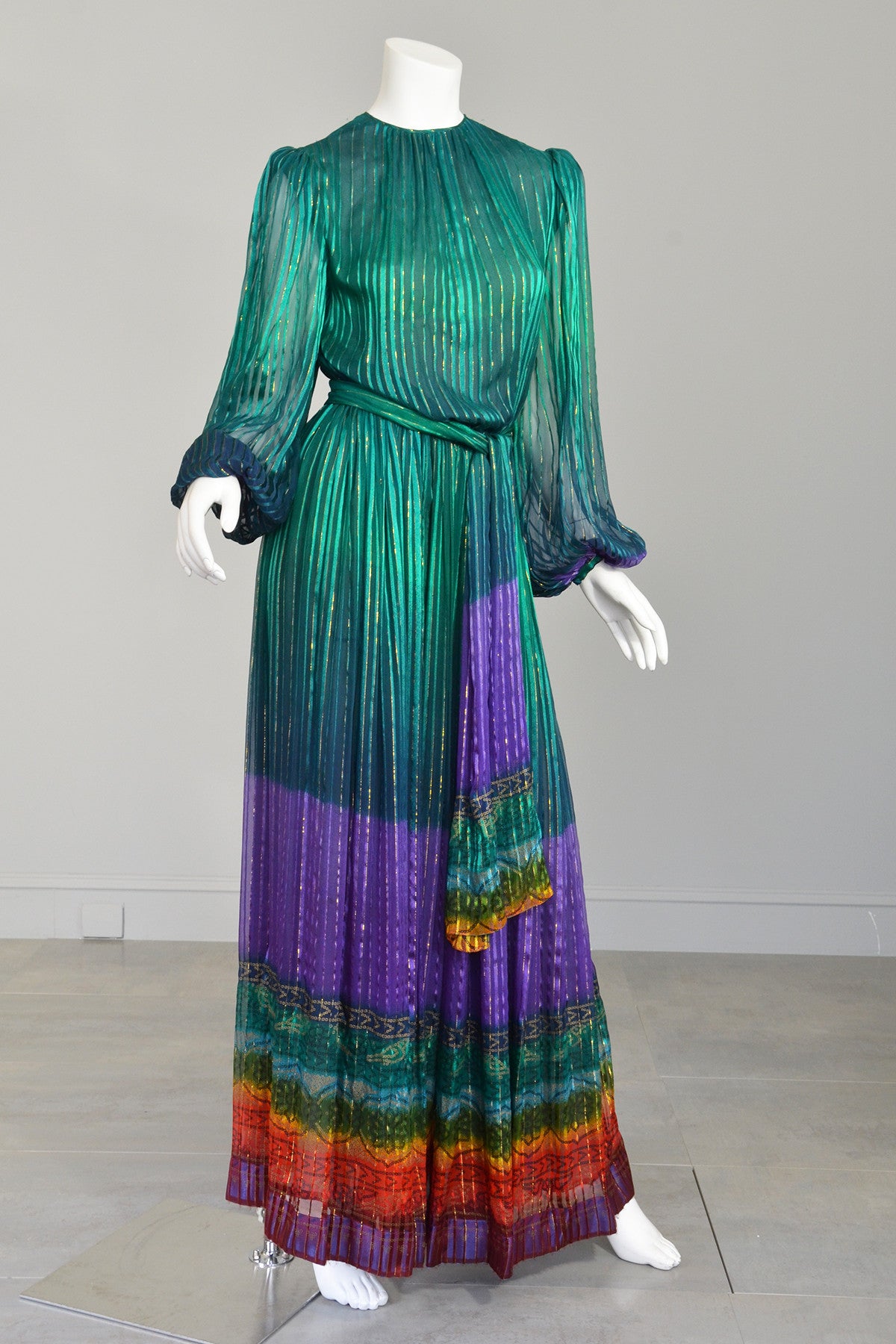 RESERVED 1970s Sheer Peacock Rainbow Silk Maxi Dress with Poet Sleeves | VintageVirtuosa RESERVED 1970s Sheer Peacock Rainbow Silk Maxi Dress with Poet Sleeves | VintageVirtuosa
