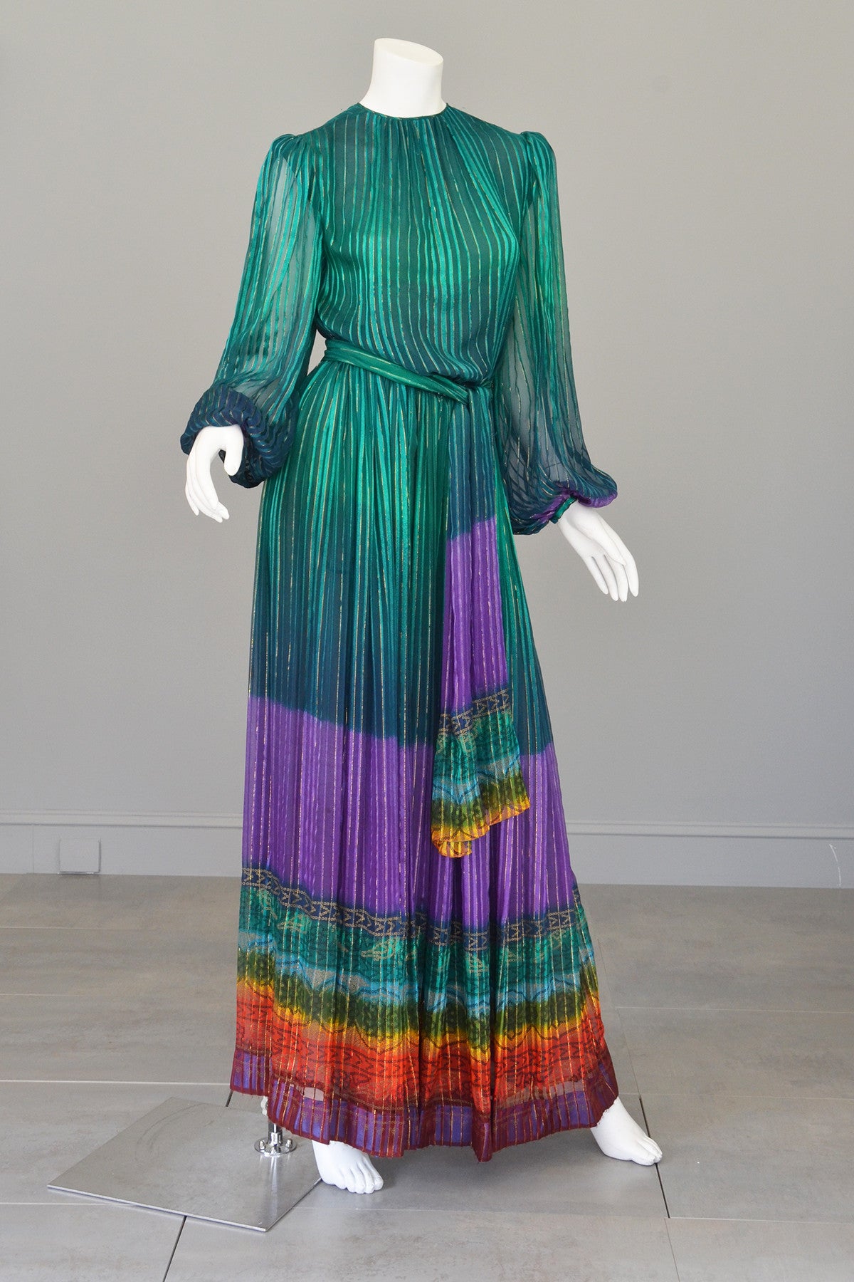 RESERVED 1970s Sheer Peacock Rainbow Silk Maxi Dress with Poet Sleeves | VintageVirtuosa RESERVED 1970s Sheer Peacock Rainbow Silk Maxi Dress with Poet Sleeves | VintageVirtuosa