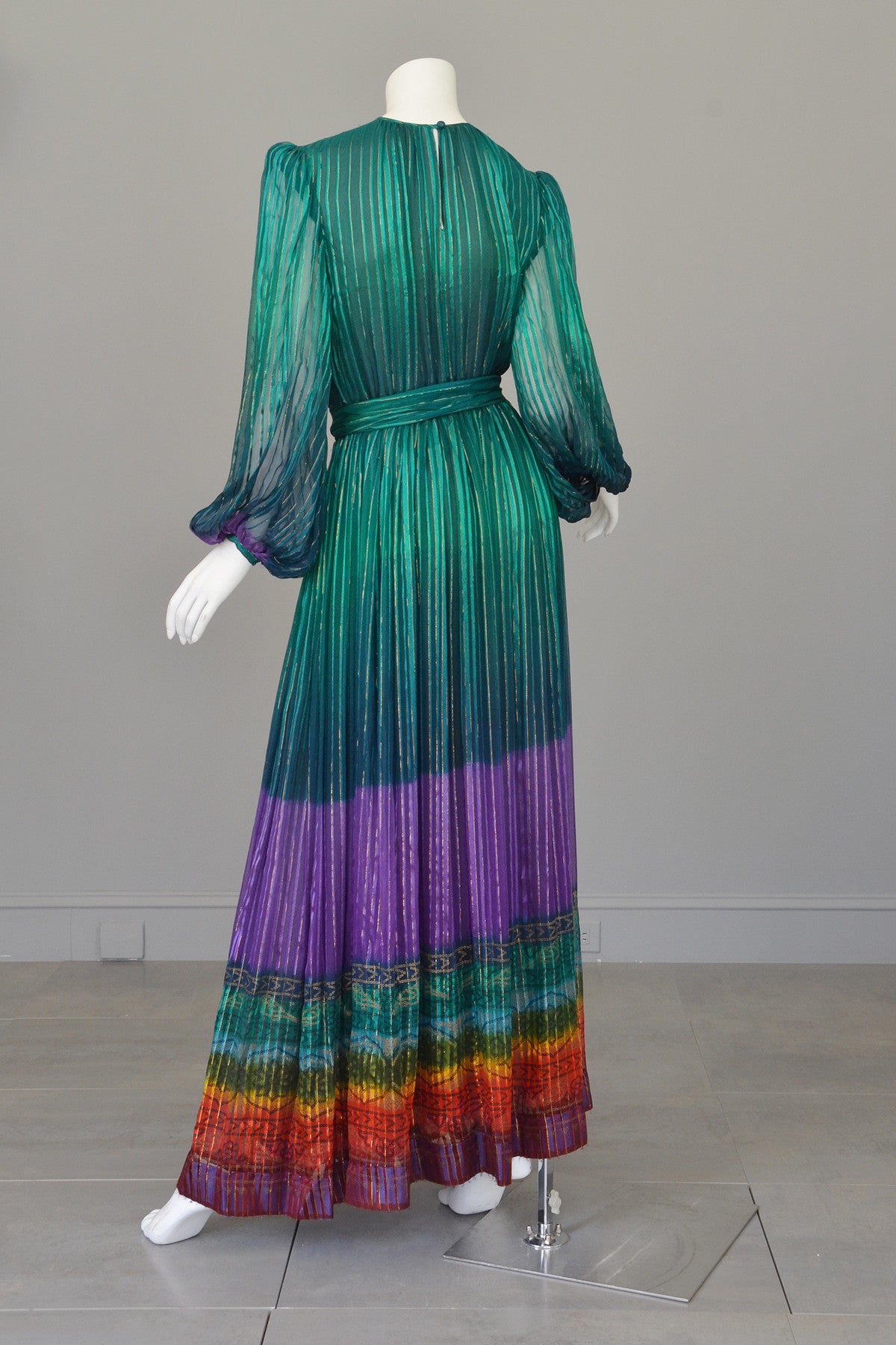 RESERVED 1970s Sheer Peacock Rainbow Silk Maxi Dress with Poet Sleeves Vintage Dress