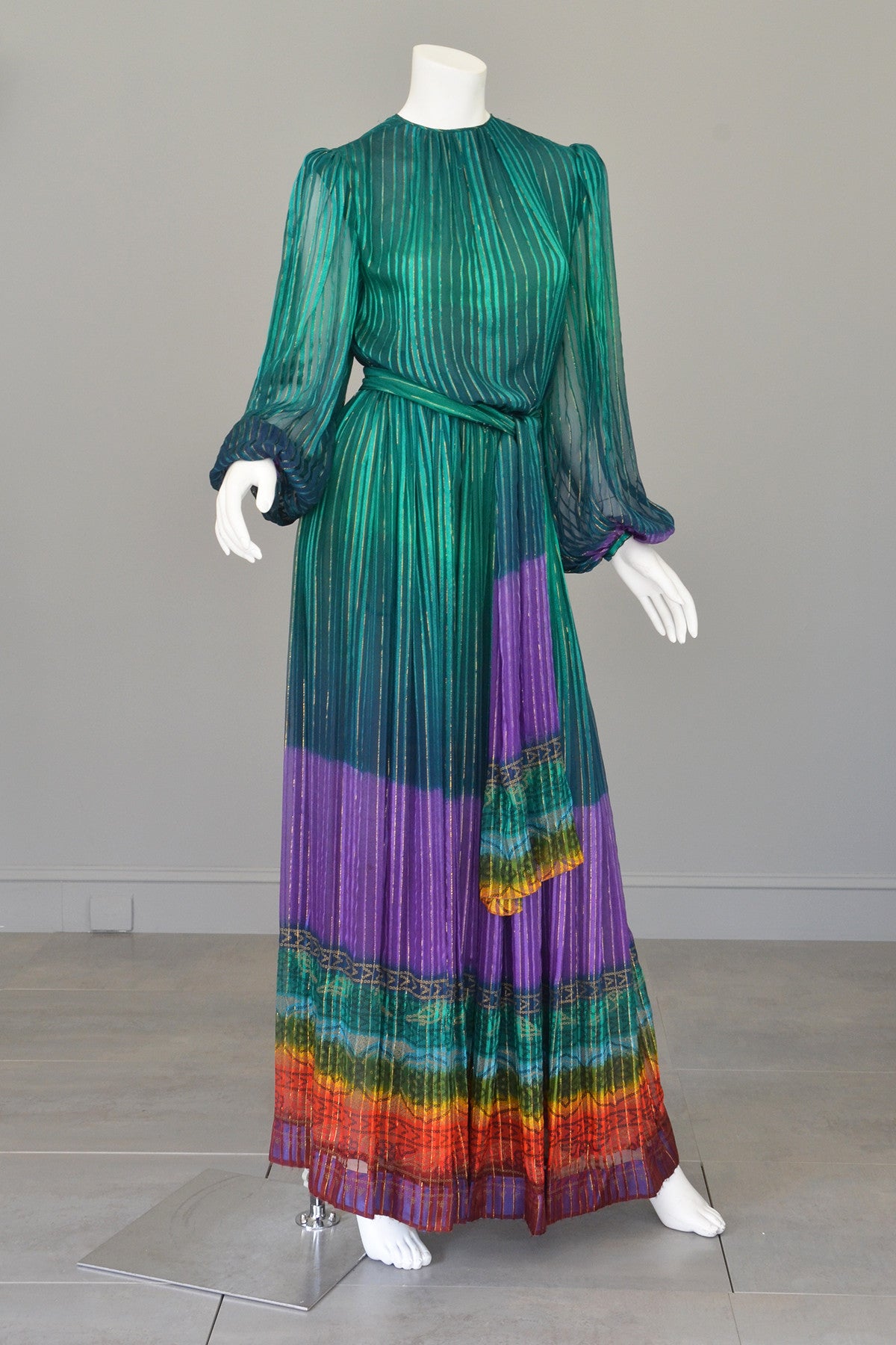 RESERVED 1970s Sheer Peacock Rainbow Silk Maxi Dress with Poet Sleeves | VintageVirtuosa RESERVED 1970s Sheer Peacock Rainbow Silk Maxi Dress with Poet Sleeves | VintageVirtuosa