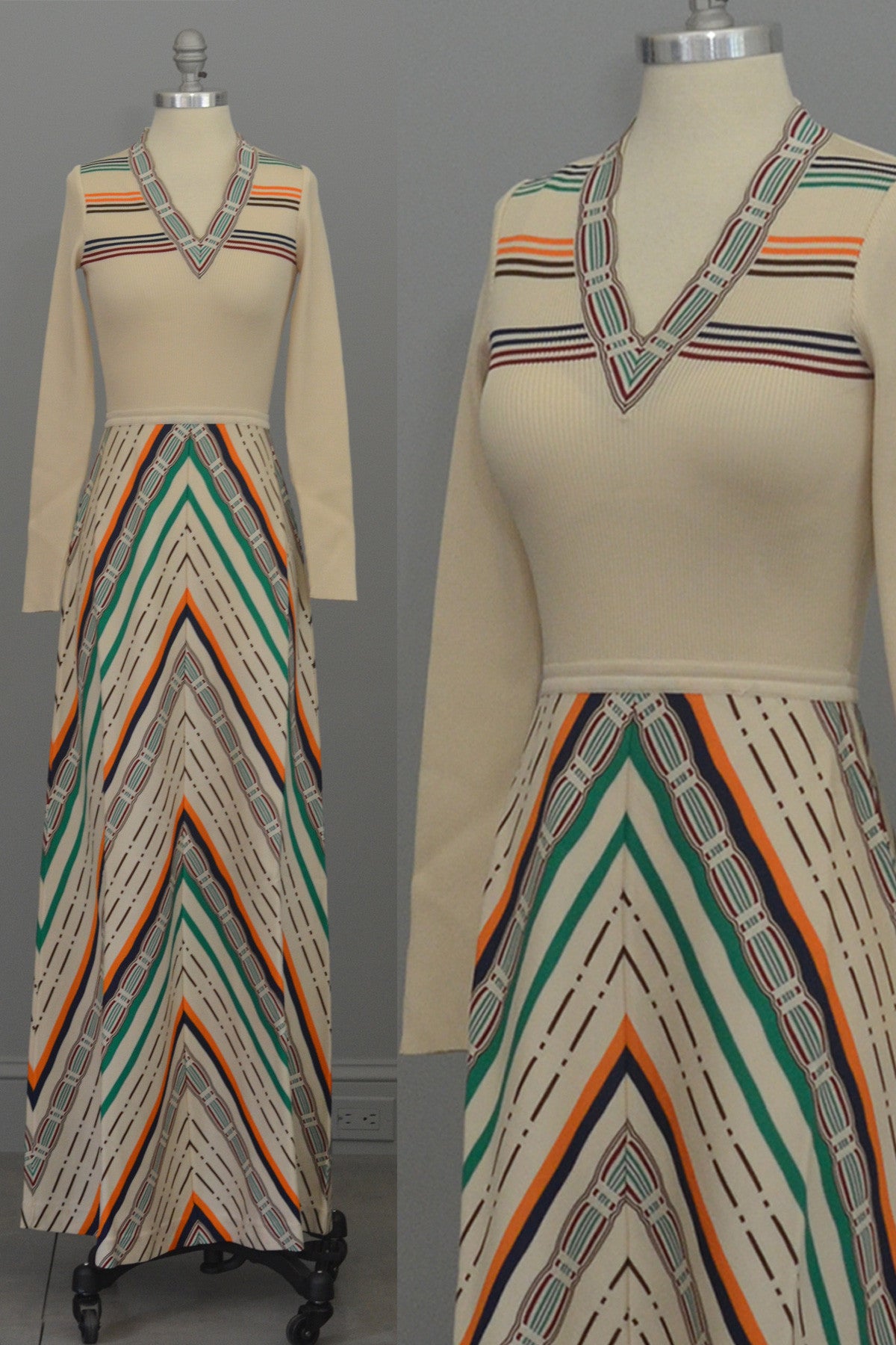 MOD Vintage 1970s Cream Chevron Stripes A-Line Maxi Knit Dress by Crissa Made in Italy
