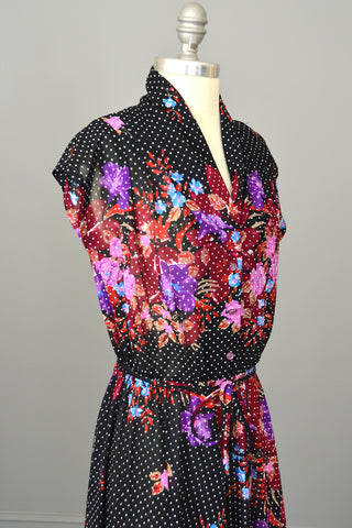 70s Vintage Novelty Floral Print Sheer Jersey Dress