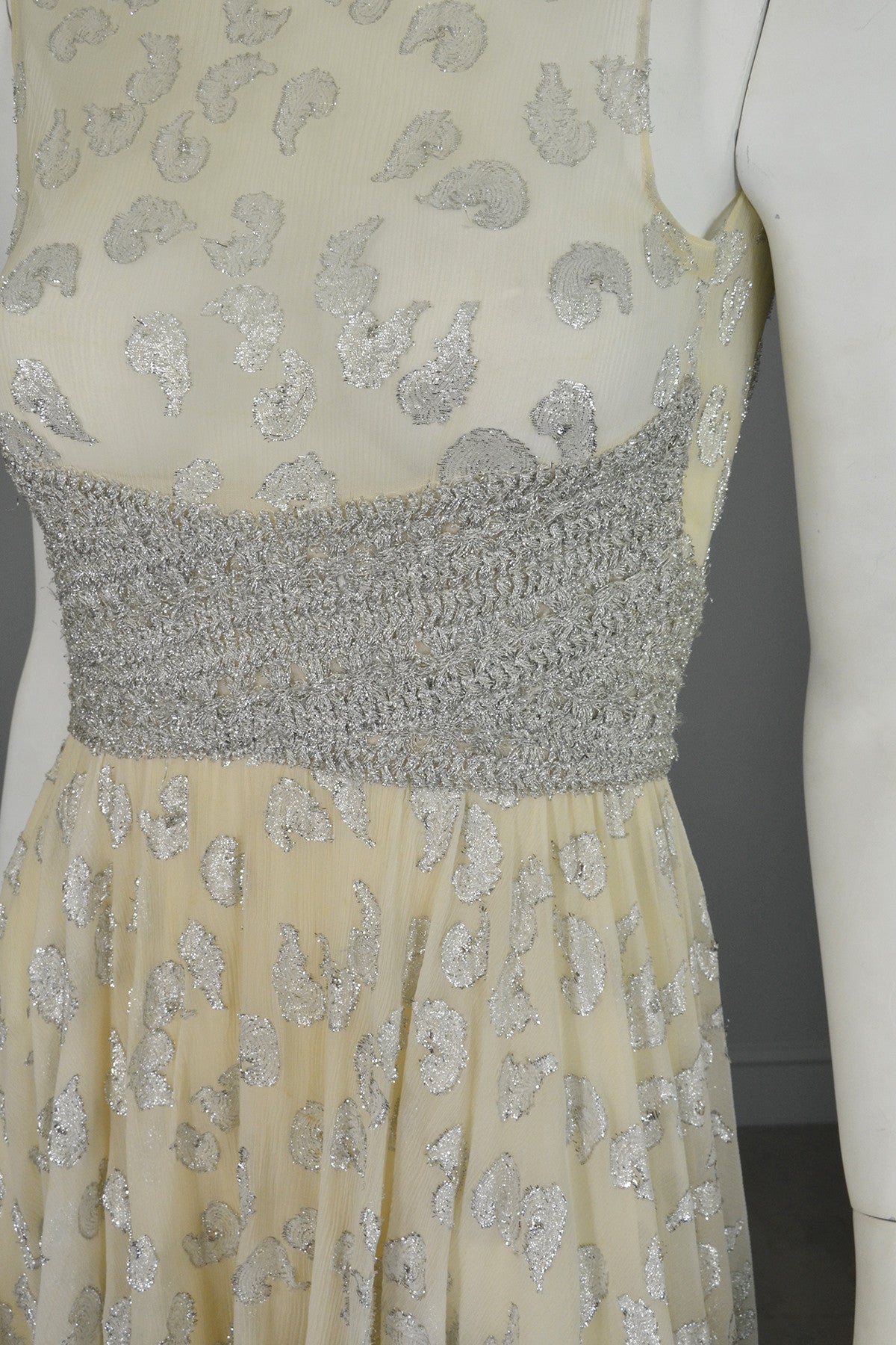 60s 70s Silver Metallic Lame on Cream Chiffon Maxi Dress Gown Adele Simpson