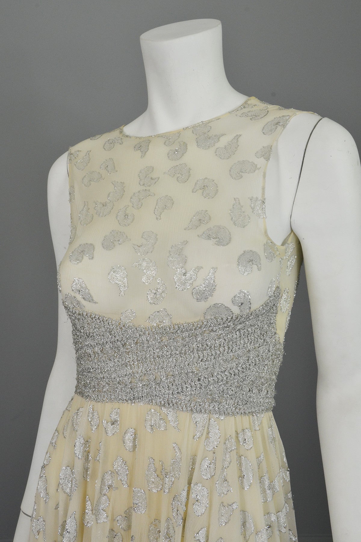 60s 70s Silver Metallic Lame on Cream Chiffon Maxi Dress Gown Adele Simpson