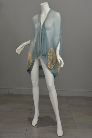 1920s Deco Aqua Blue Sheer Silk Cocoon Duster Vest with Beads, Lace and Flowers