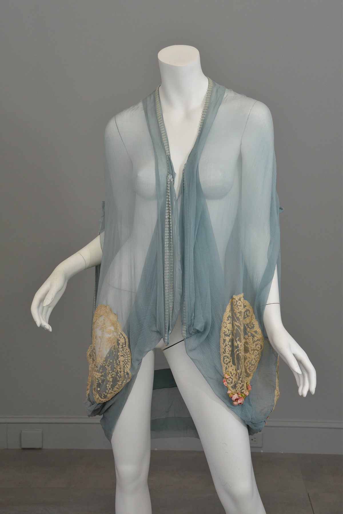 1920s Deco Aqua Blue Sheer Silk Cocoon Duster Vest with Beads, Lace and Flowers