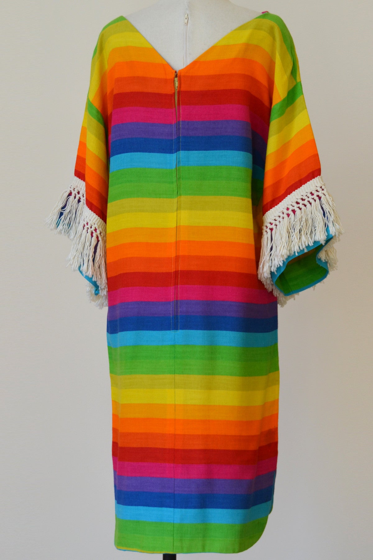 1970s Umbrella Striped Hippie Chic Mini Dress Tunic Cover-Up with Fringe