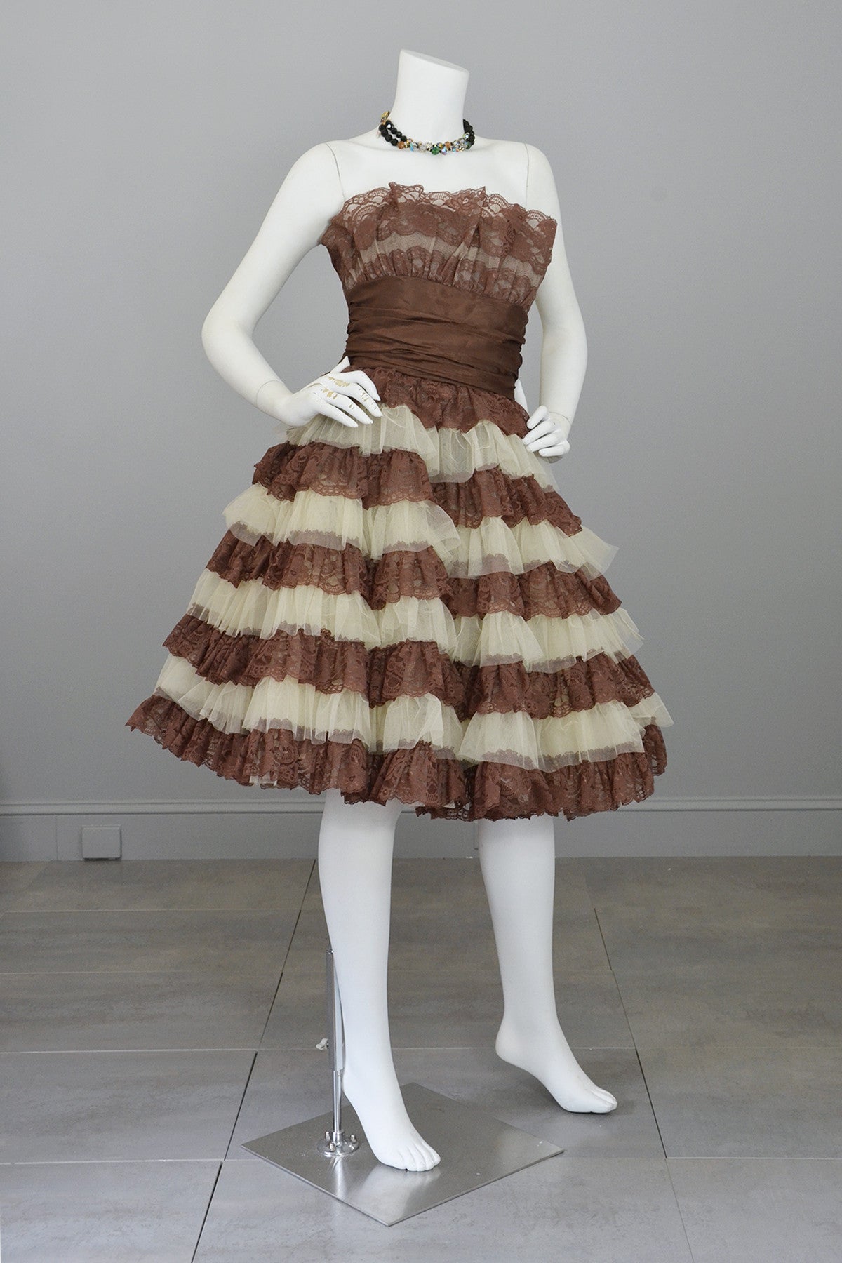 Betsey Johnson 50s Style Brown Tiered Lace Party Prom Pinup Dress