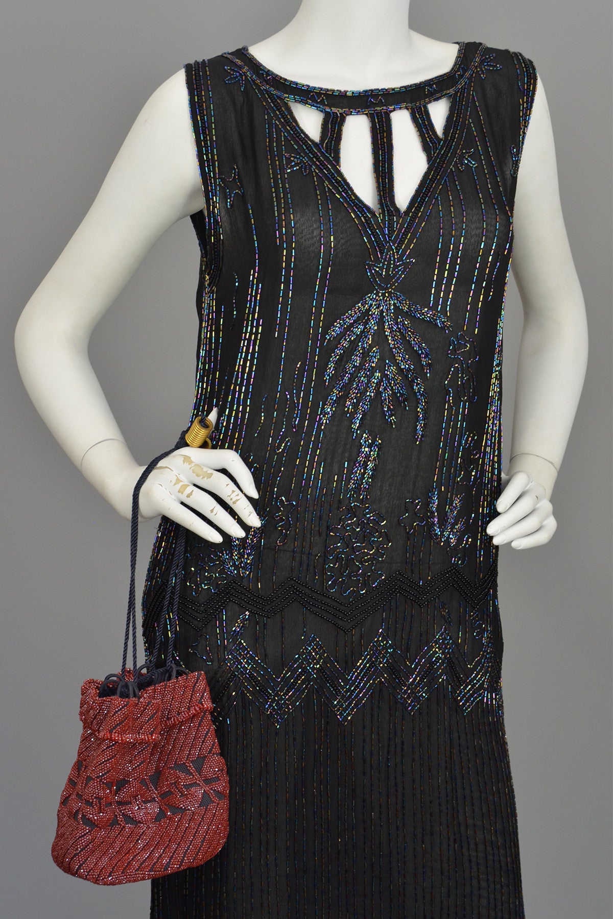 Modern does 20s Black Beaded Keyhole Neckline Deco Dress Flapper Style | VintageVirtuosa Modern does 20s Black Beaded Keyhole Neckline Deco Dress Flapper Style | VintageVirtuosa