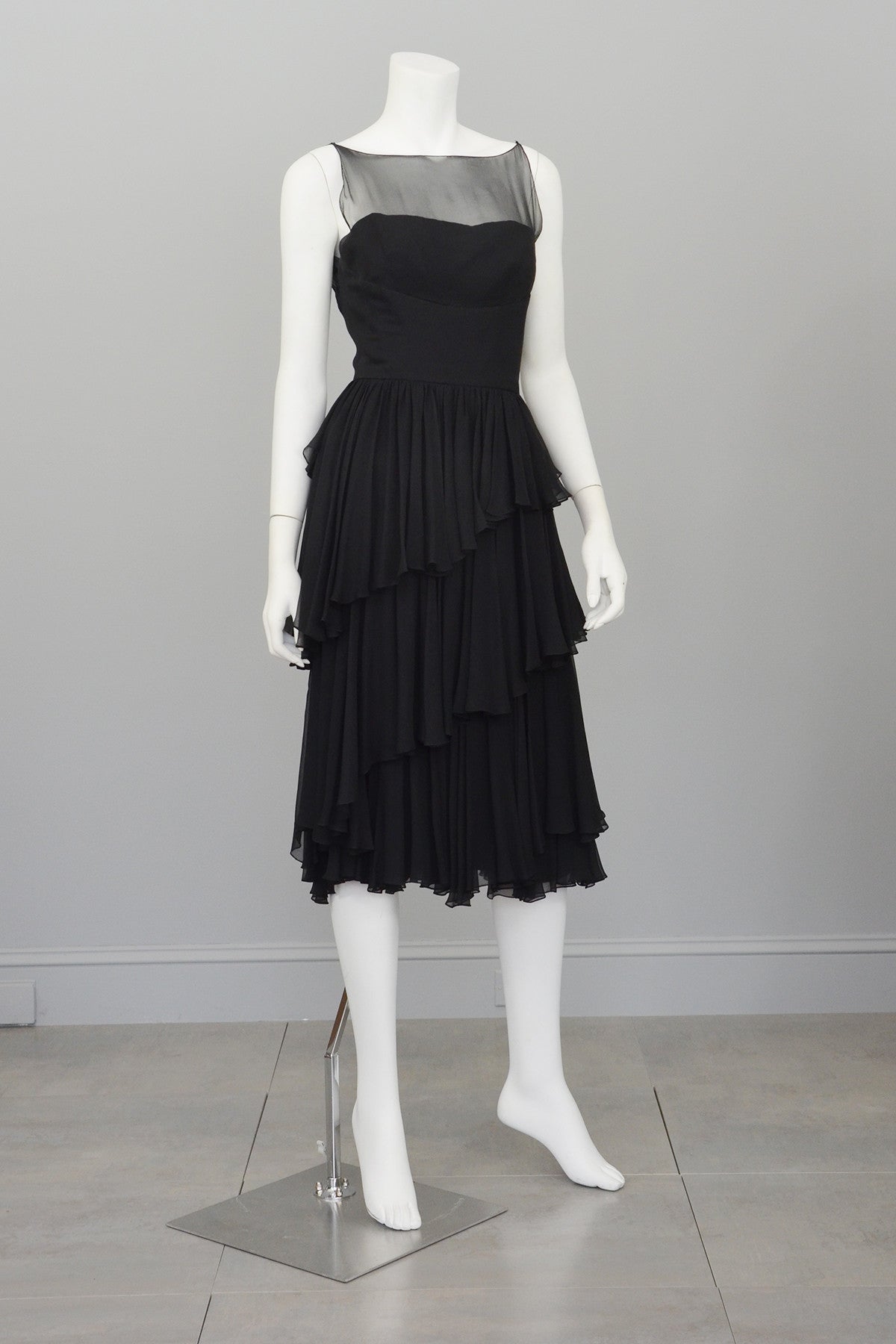 Vintage 1960s Black Chiffon Tiered Skirt Cocktail Dress Vintage 1960s Black Chiffon Tiered Skirt Cocktail Dress