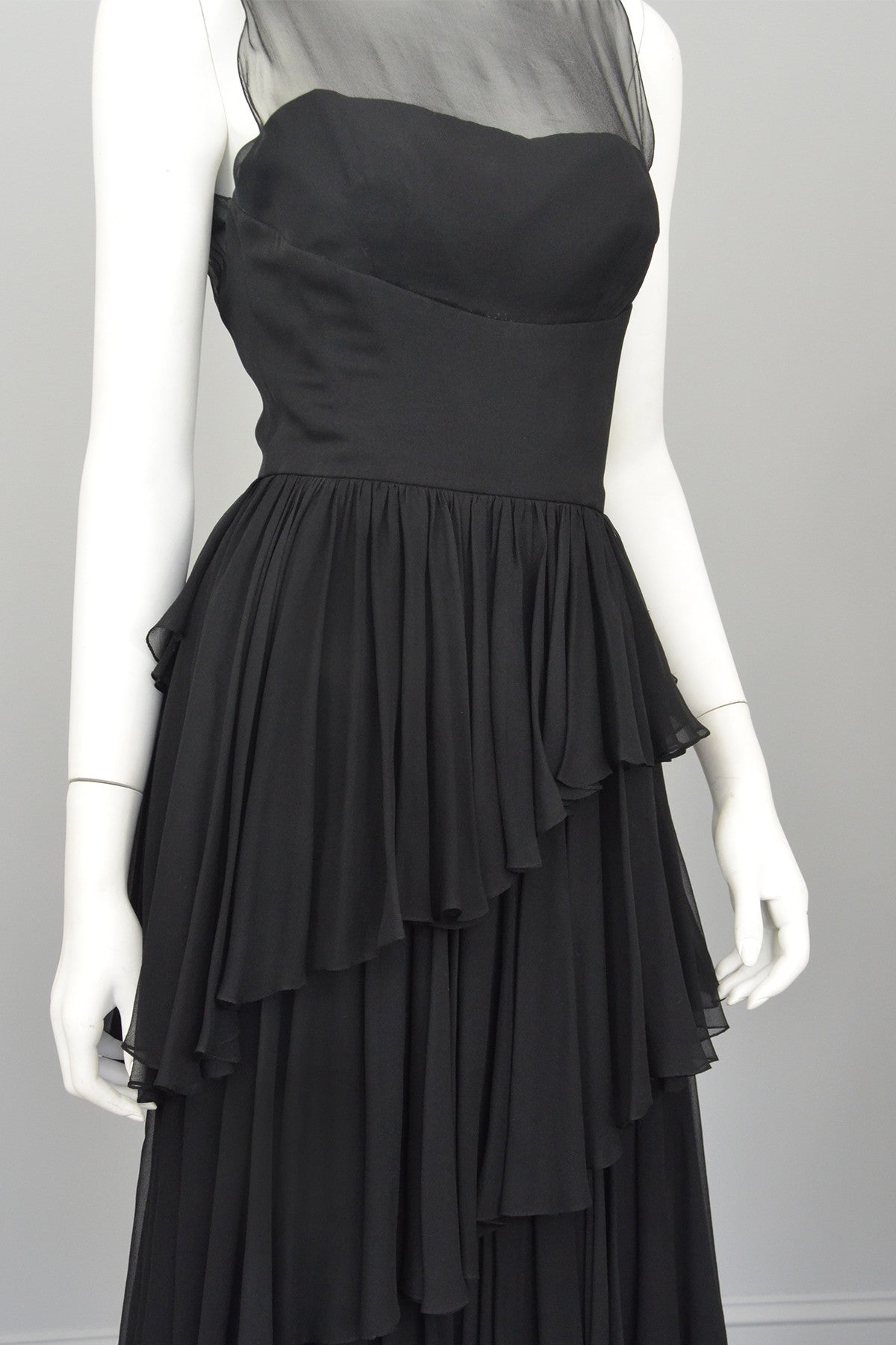Vintage 1960s Black Chiffon Tiered Skirt Cocktail Dress