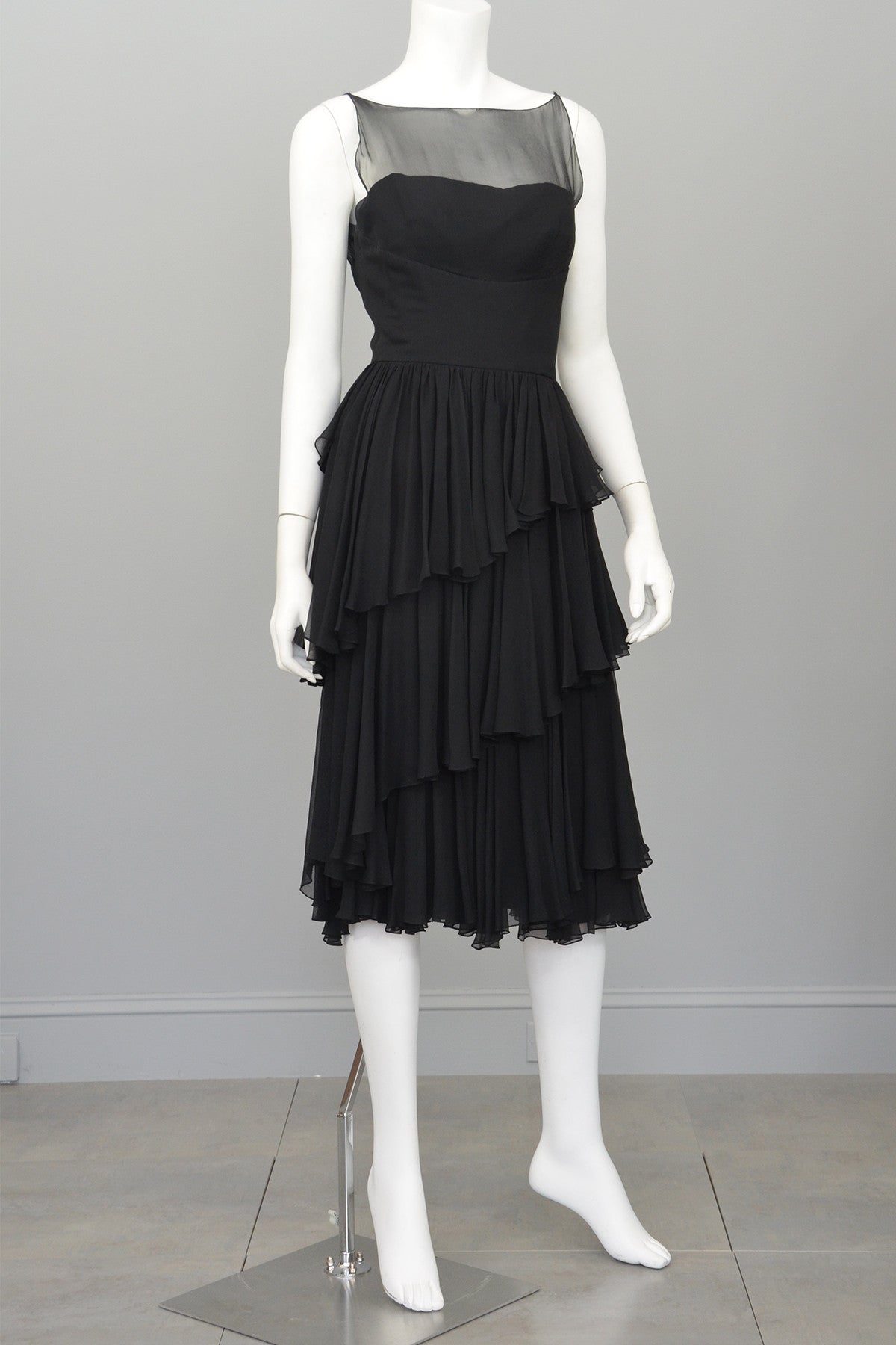 Vintage 1960s Black Chiffon Tiered Skirt Cocktail Dress