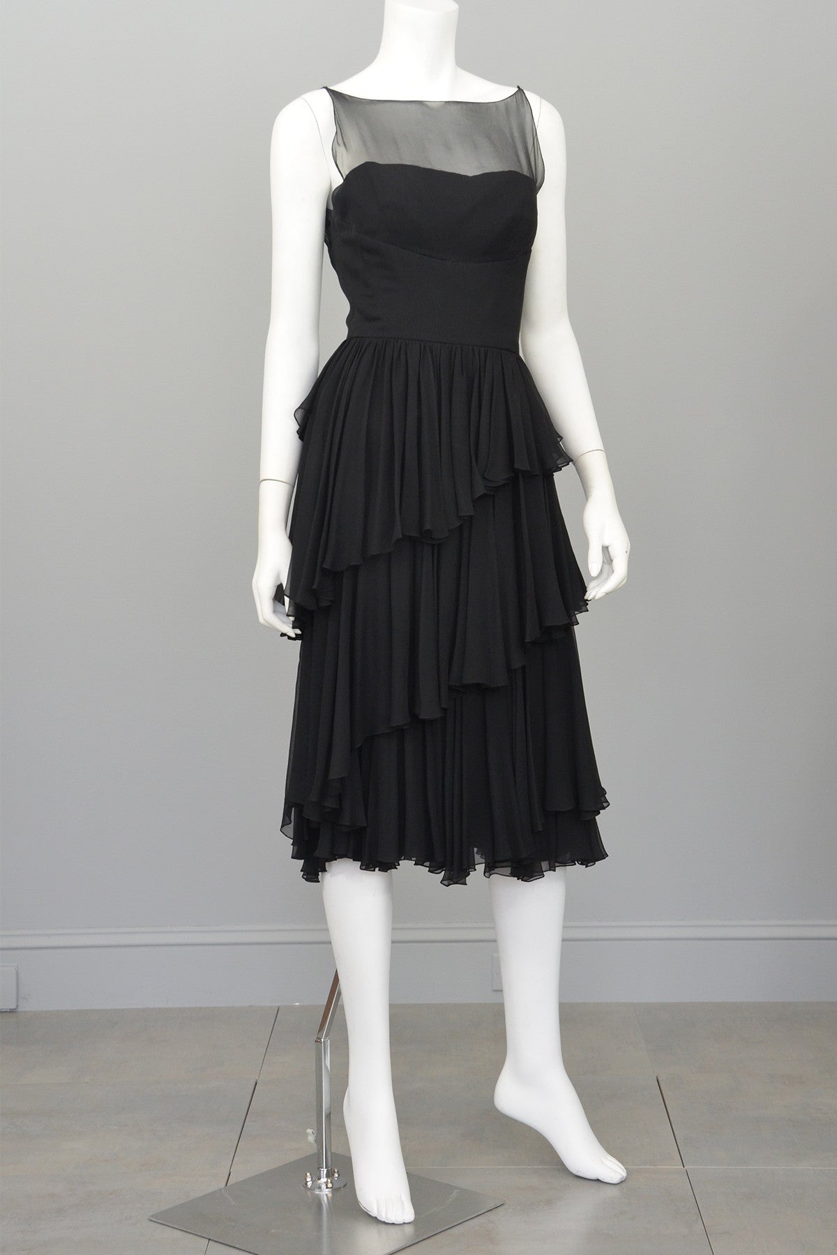 Vintage 1960s Black Chiffon Tiered Skirt Cocktail Dress | VintageVirtuosa Vintage 1960s Black Chiffon Tiered Skirt Cocktail Dress | VintageVirtuosa