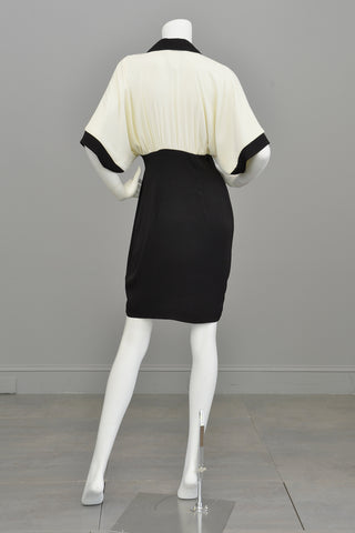 Vintage 1980s Black Cream Color-Block Batwing Retro Dress