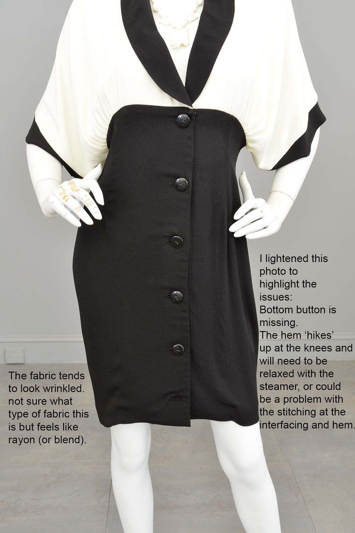 Vintage 1980s Black Cream Color-Block Batwing Retro Dress