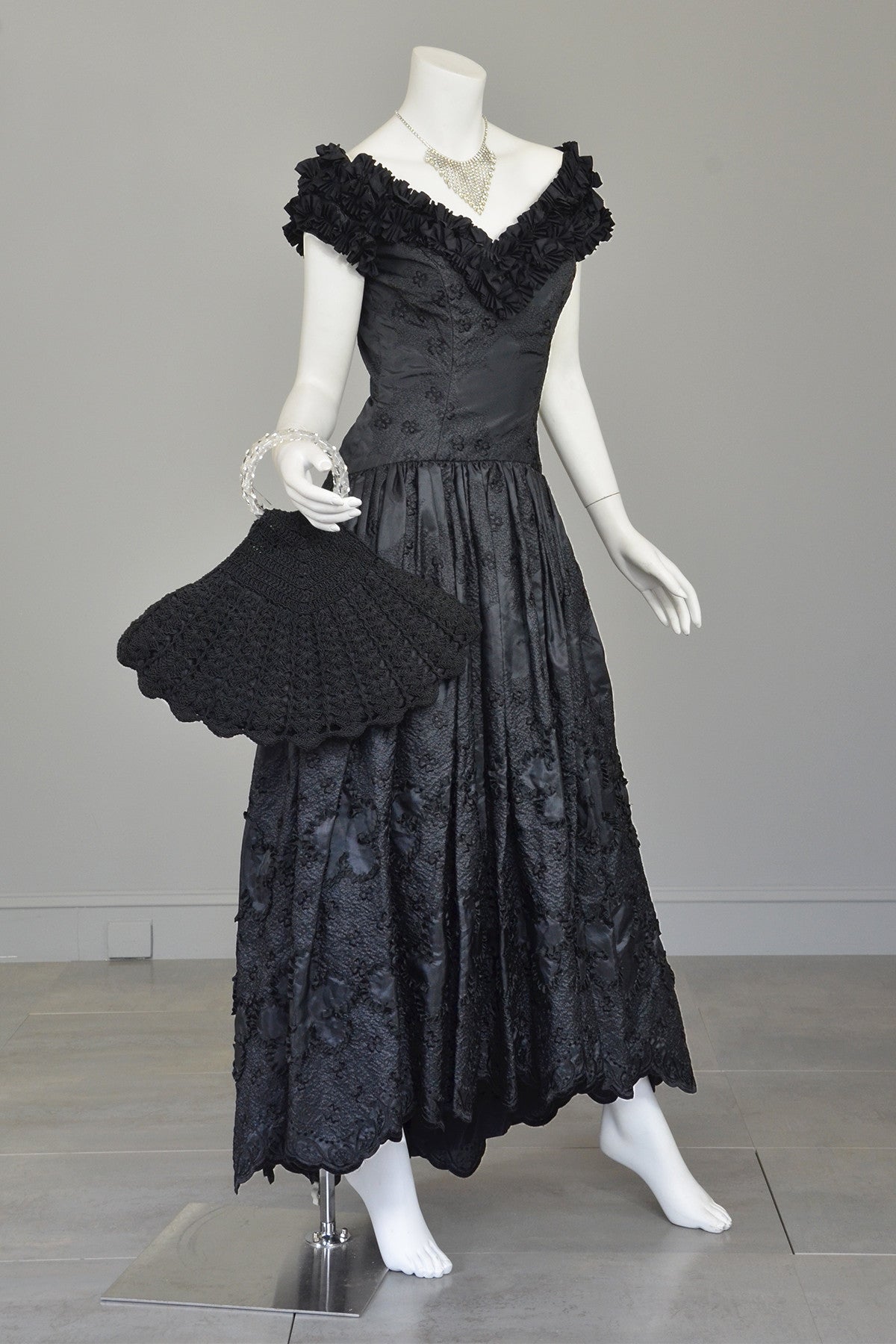 1970s 80s Black Embroidered Ruffle Neckline Evening Gown | VintageVirtuosa