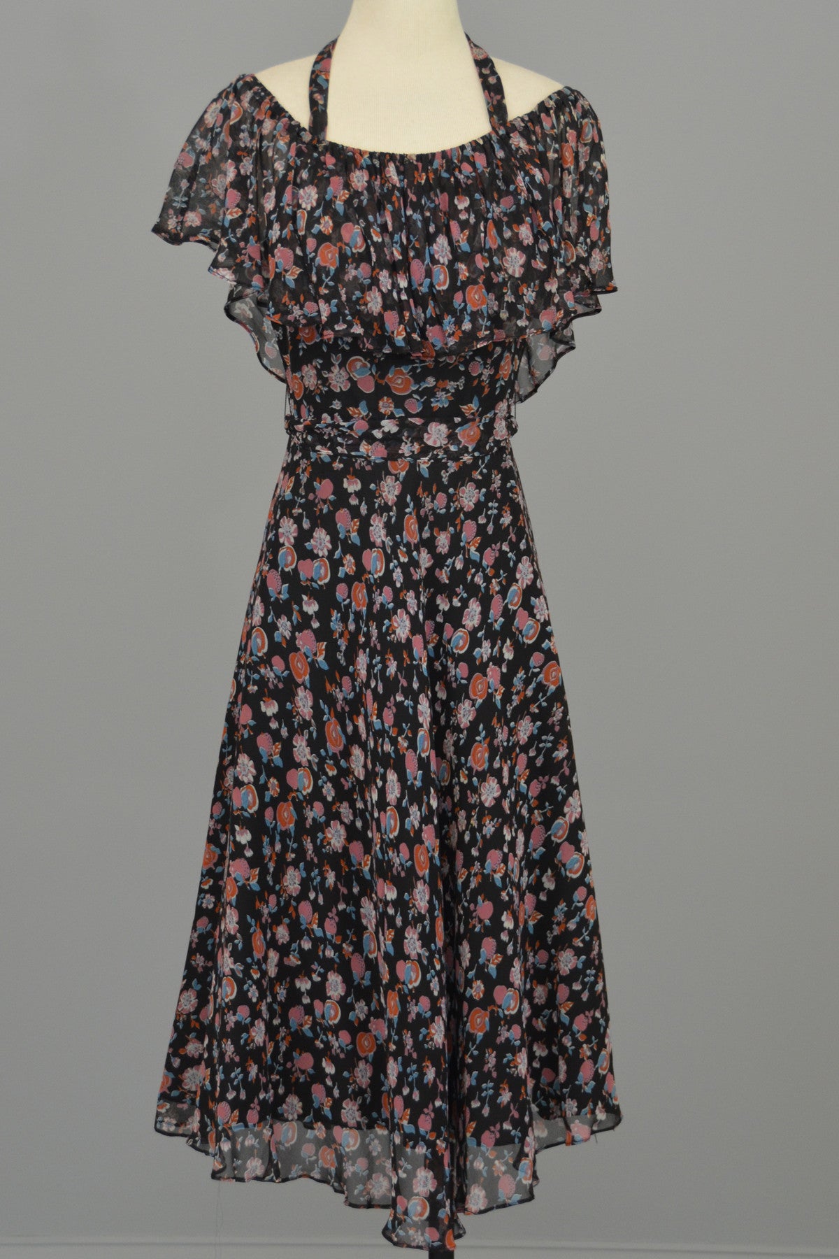 Vintage 1970s Boho Festival Dress Black with Flowers Semi Sheer Capele | VintageVirtuosa Vintage 1970s Boho Festival Dress Black with Flowers Semi Sheer Capele | VintageVirtuosa