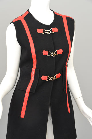 Vtg 1960s Black Knit Red Leather MOD Vest Tunic by Gina Teresa