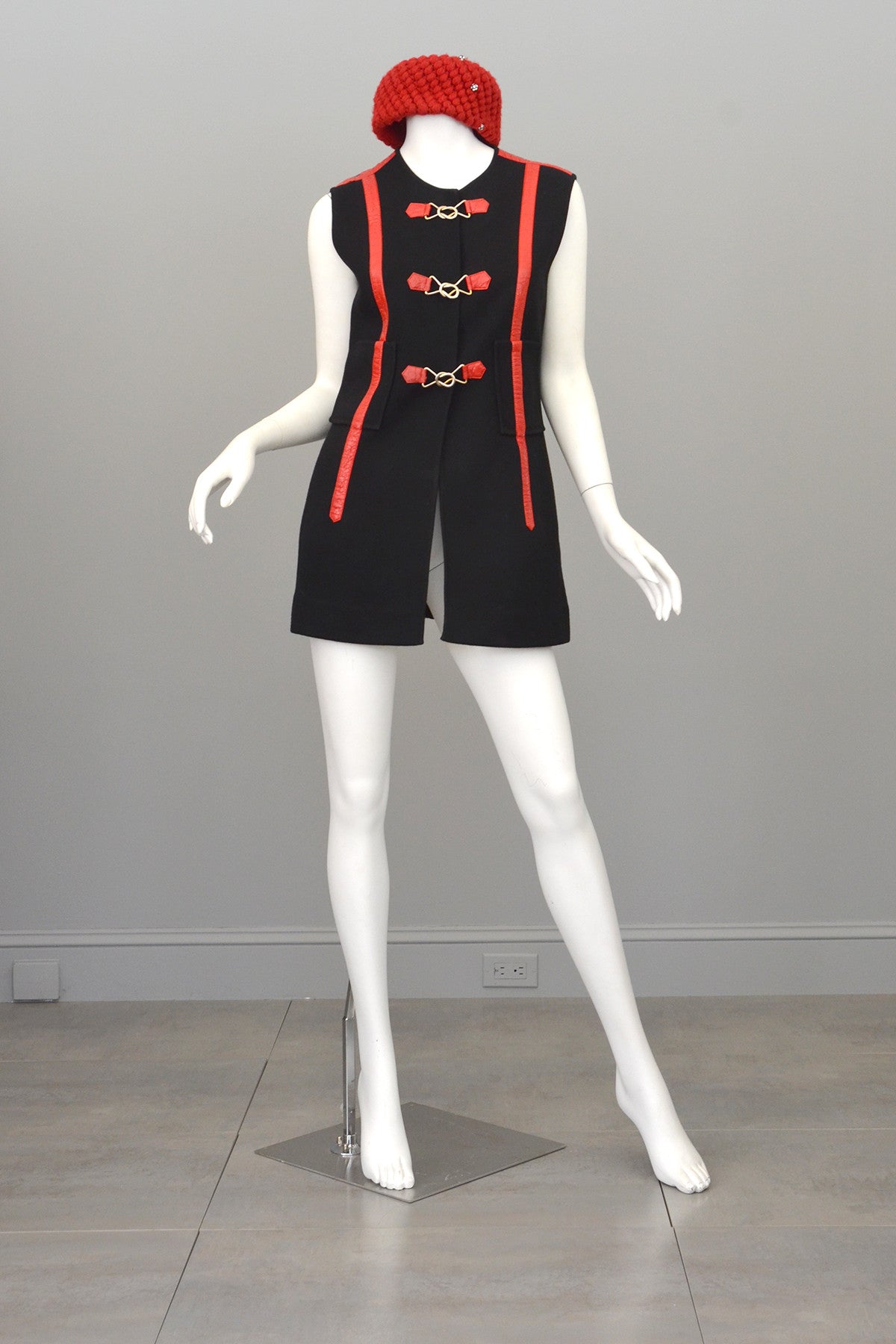 Vtg 1960s Black Knit Red Leather MOD Vest Tunic by Gina Teresa