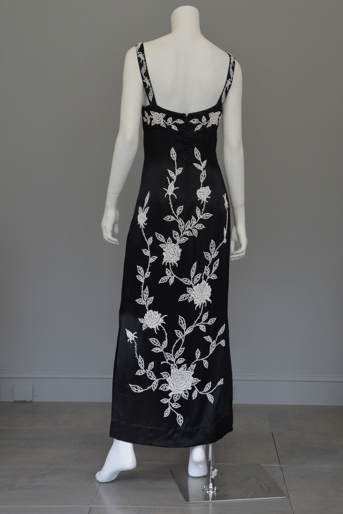 1960's 70's Silk Sheath Dress with Intricate Seed Bead Floral Design