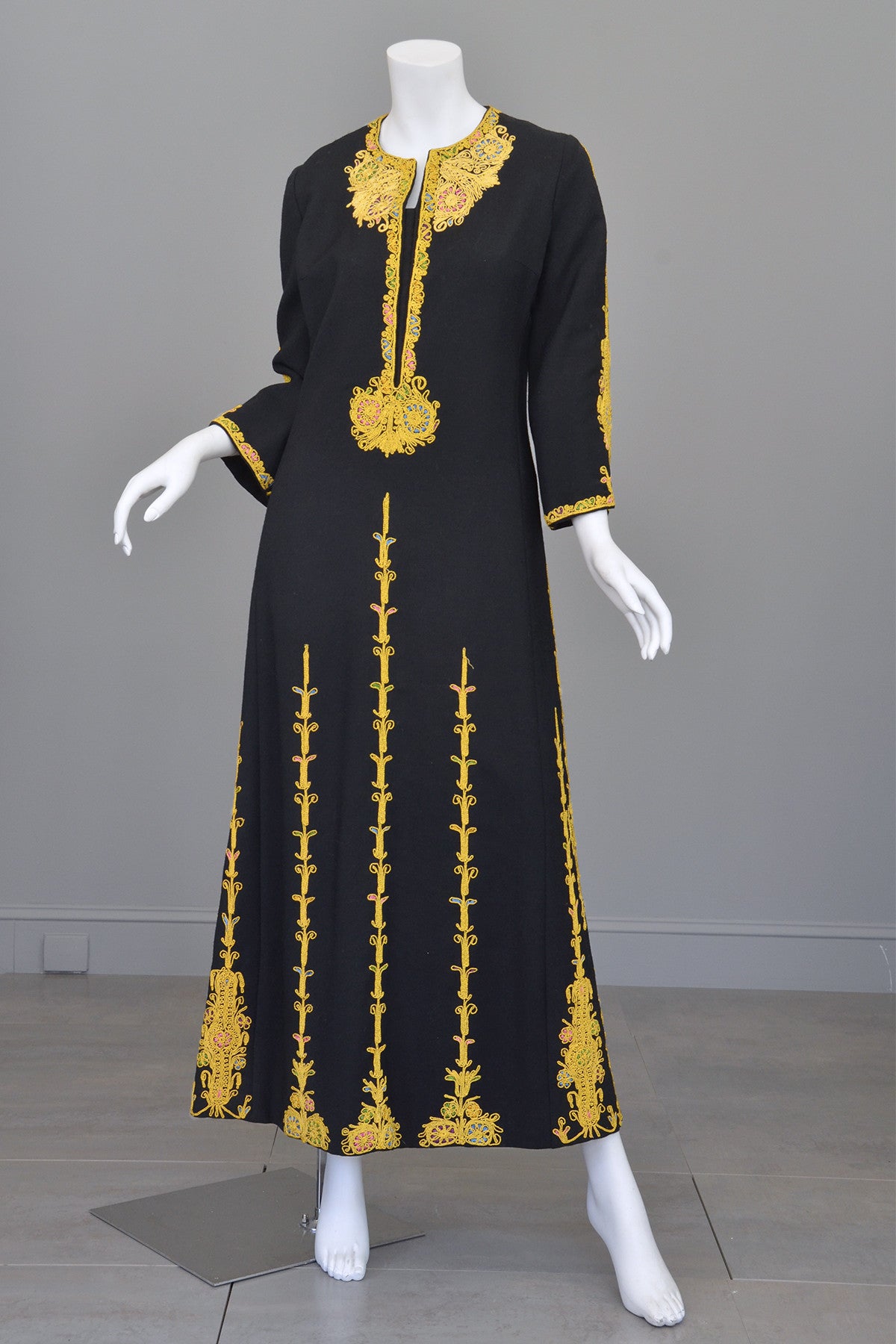 1970s Black Wool Gold Embroidered A-Line Caftan Maxi Dress | VintageVirtuosa 1970s Black Wool Gold Embroidered A-Line Caftan Maxi Dress | VintageVirtuosa