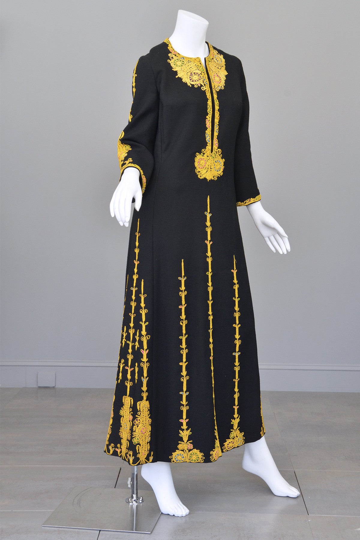 1970s Black Wool Gold Embroidered A-Line Caftan Maxi Dress