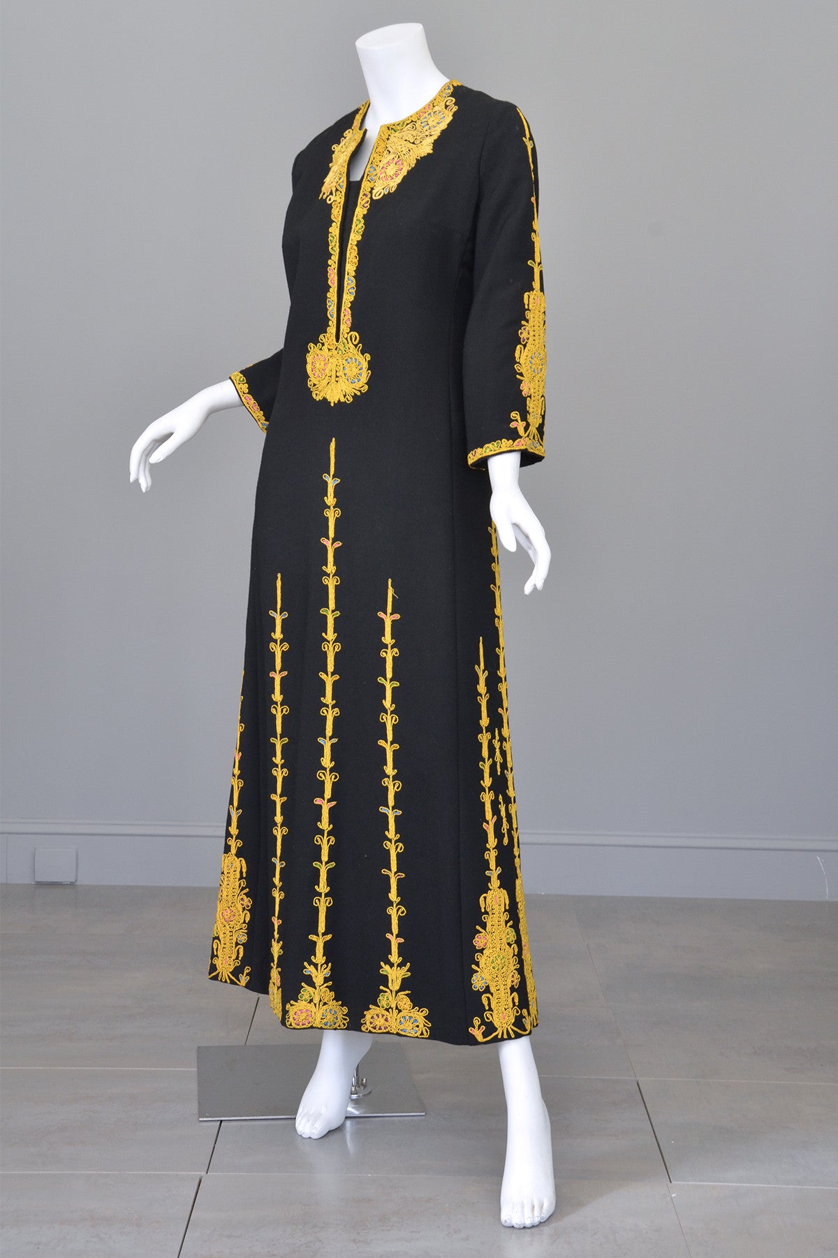 1970s Black Wool Gold Embroidered A-Line Caftan Maxi Dress | VintageVirtuosa 1970s Black Wool Gold Embroidered A-Line Caftan Maxi Dress | VintageVirtuosa