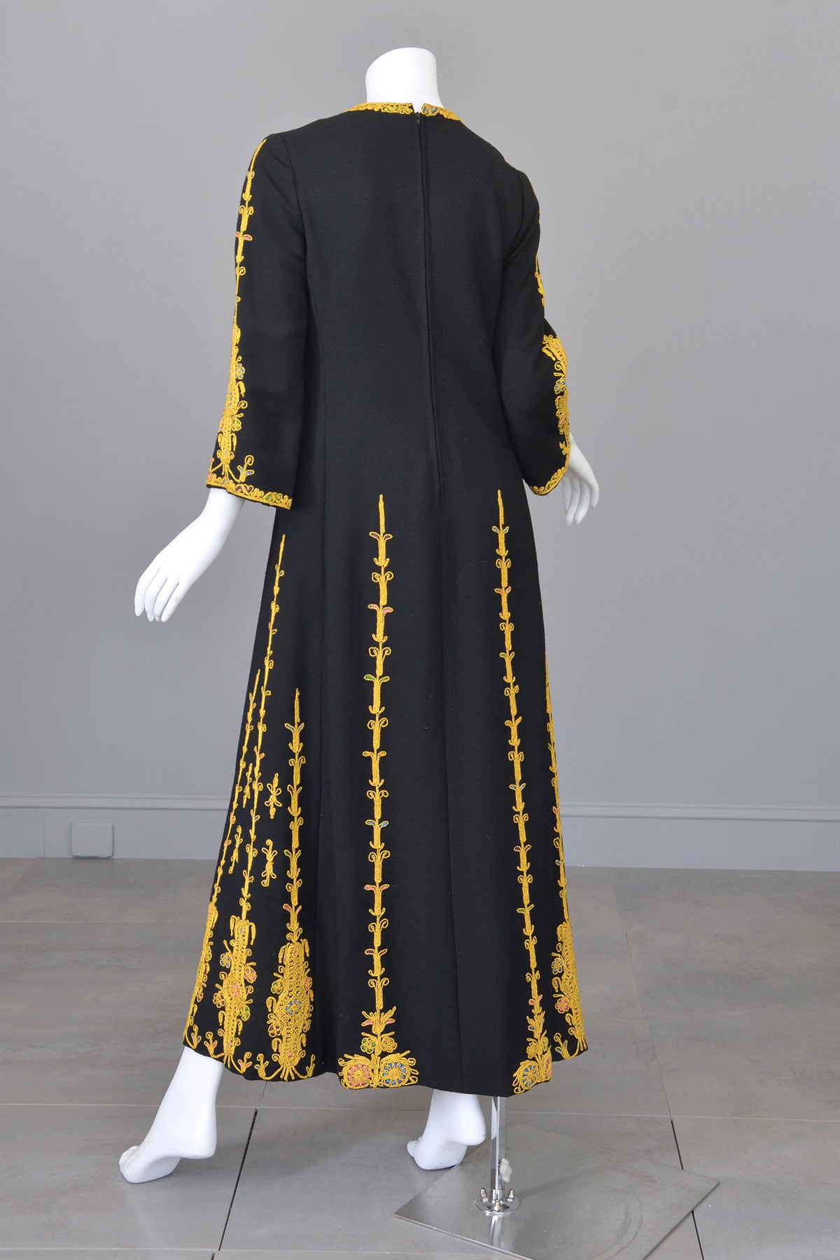 1970s Black Wool Gold Embroidered A-Line Caftan Maxi Dress | VintageVirtuosa 1970s Black Wool Gold Embroidered A-Line Caftan Maxi Dress | VintageVirtuosa
