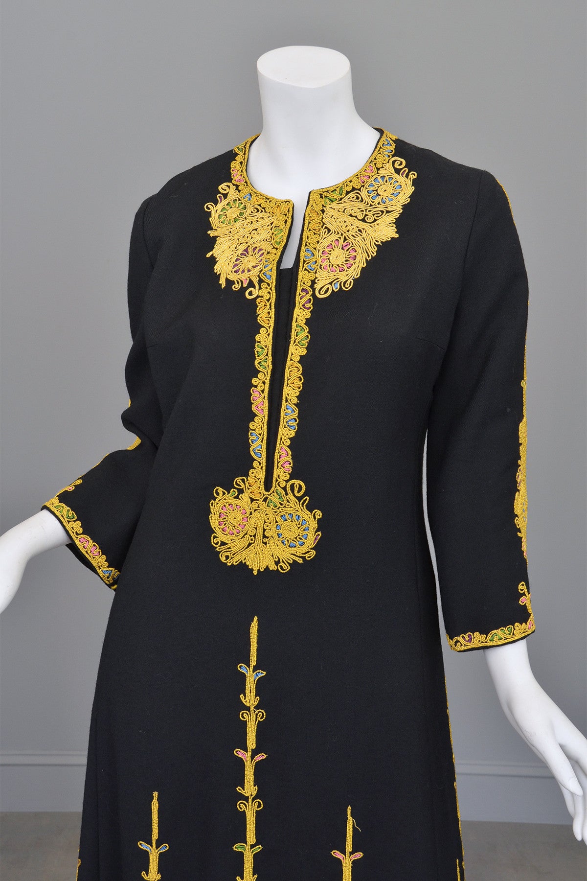 1970s Black Wool Gold Embroidered A-Line Caftan Maxi Dress