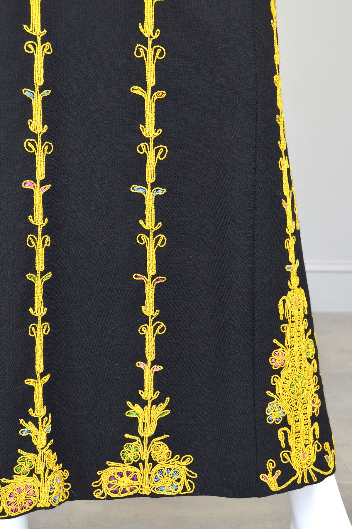 1970s Black Wool Gold Embroidered A-Line Caftan Maxi Dress | VintageVirtuosa 1970s Black Wool Gold Embroidered A-Line Caftan Maxi Dress | VintageVirtuosa