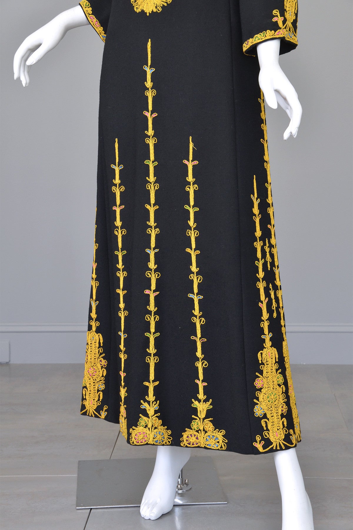 1970s Black Wool Gold Embroidered A-Line Caftan Maxi Dress | VintageVirtuosa 1970s Black Wool Gold Embroidered A-Line Caftan Maxi Dress | VintageVirtuosa