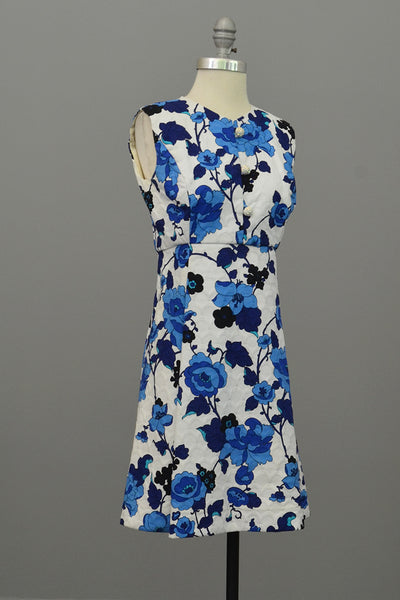 Vintage 1960s Blue on White Floral Novelty Print Mini Babydoll Dress, XS