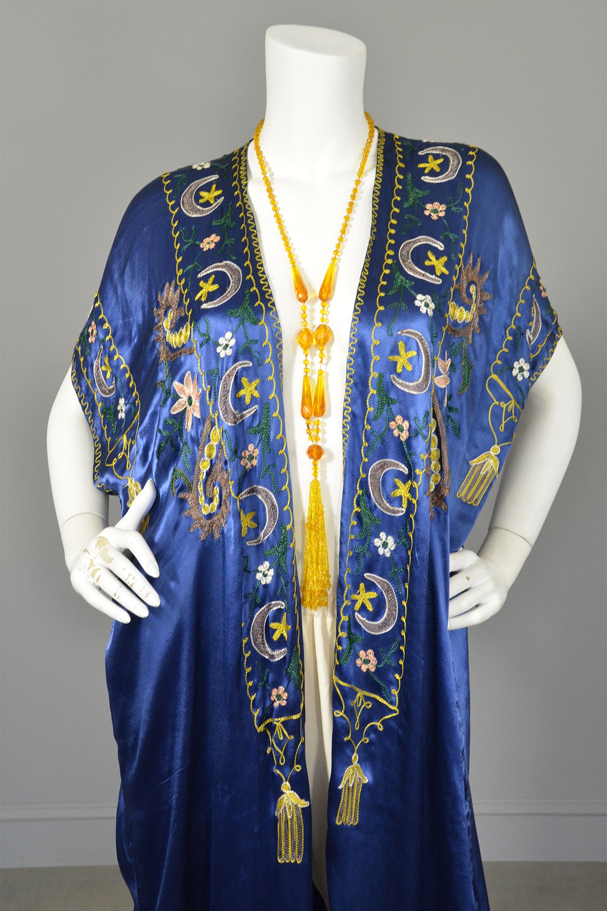 Vintage Blue Satin Embroidered Tassels Duster Maxi Vest