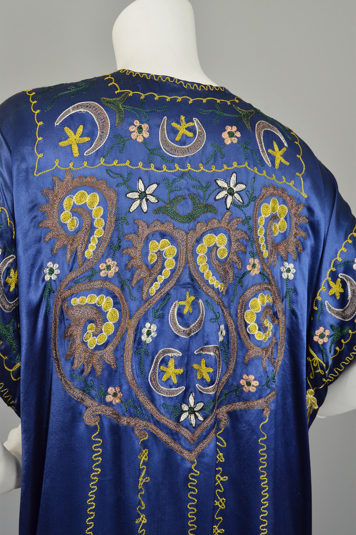 Vintage Blue Satin Embroidered Tassels Duster Maxi Vest