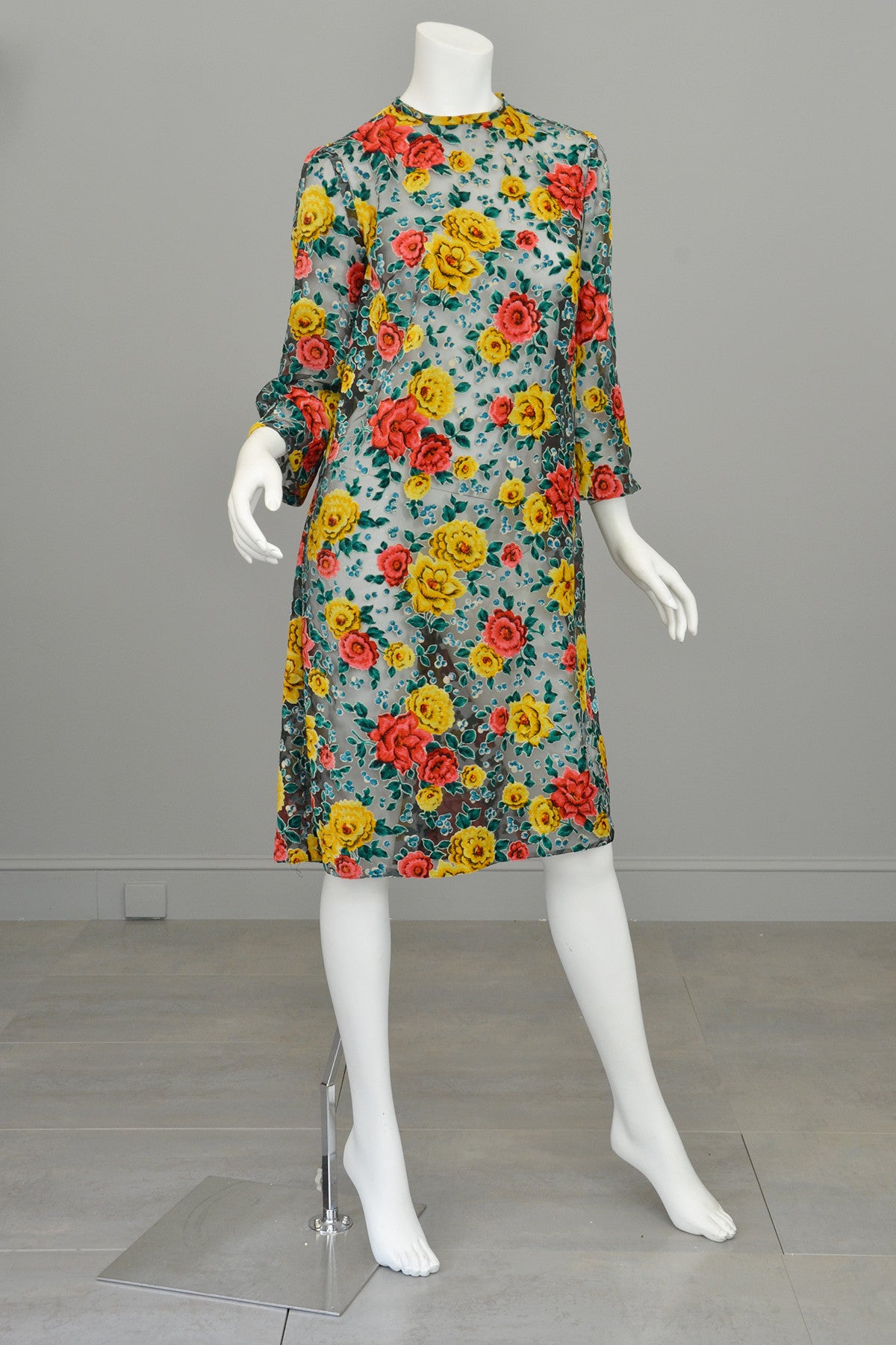 Burnout Velvet Novelty Floral Print Vintage Shift Dress Cut Velvet Dress