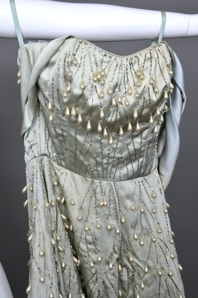 1950s Ceil Chapman Pearl Drops Rhinestones Vintage Party Dress