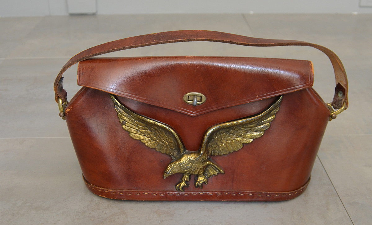 american eagle leather backpack purse Vintage Cognac Leather Handbag Purse with heavy Metal American Eagle E