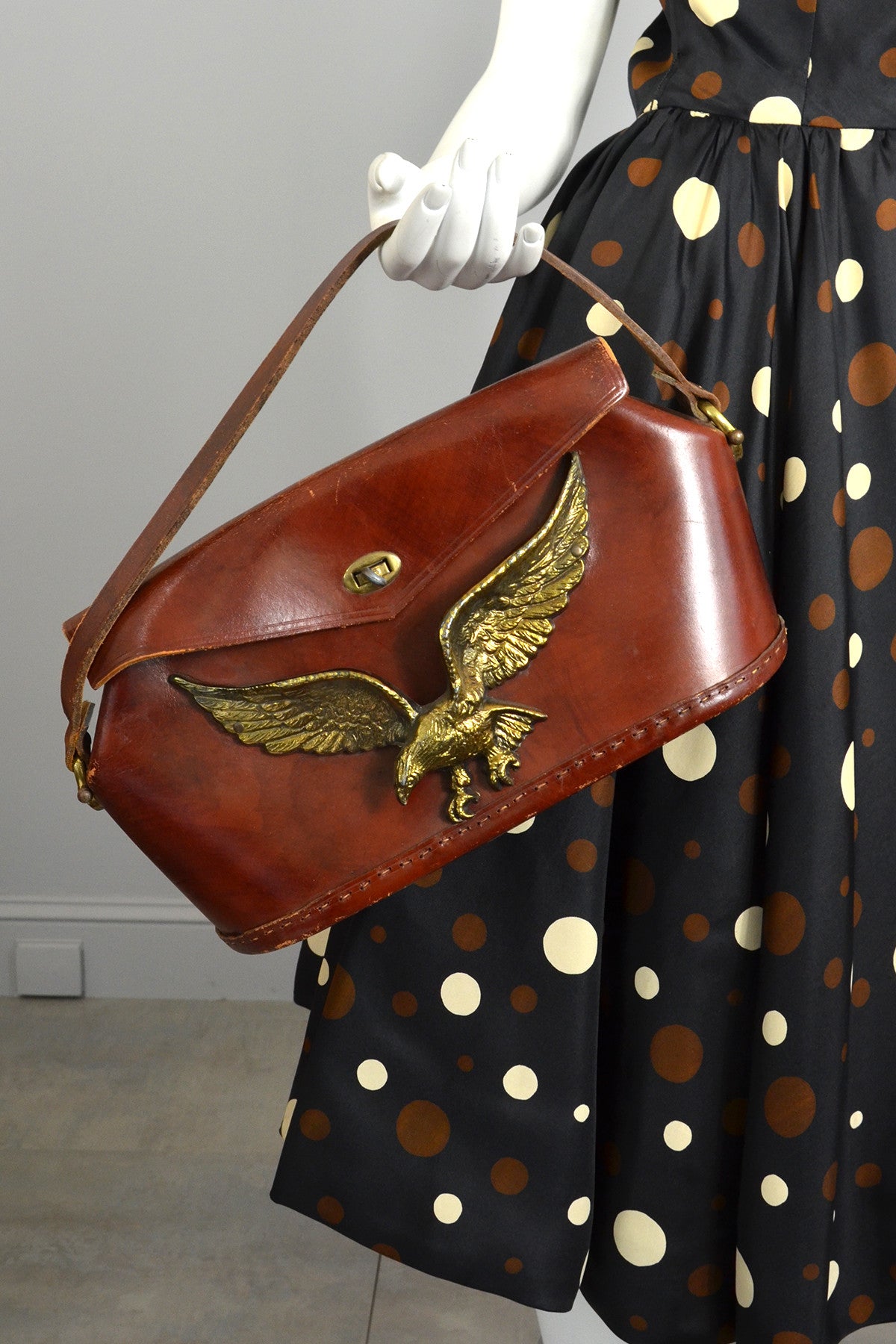 Vintage Cognac Leather Handbag Purse with heavy Metal American Eagle Emblem on front