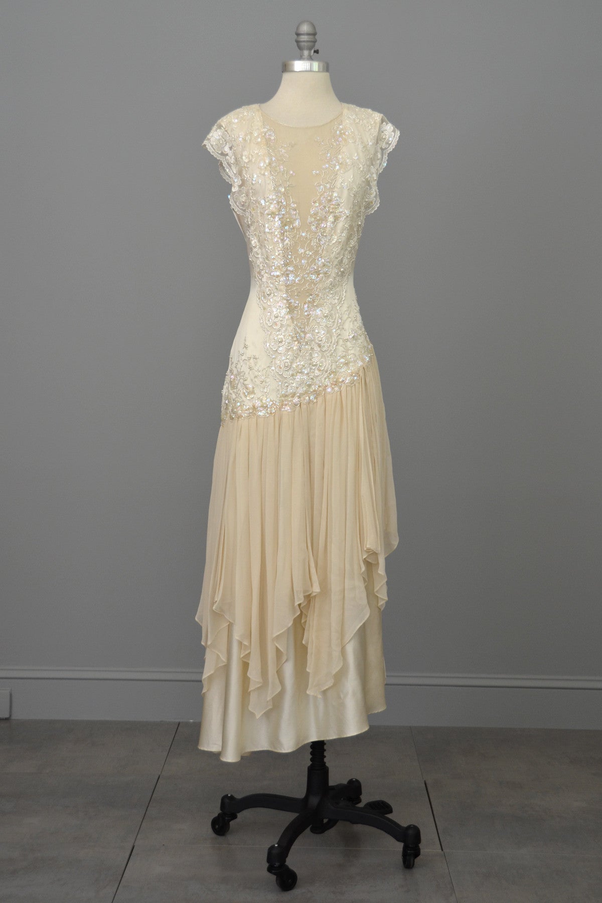 Vintage 80s 90s Beaded Lace Silk Chiffon Flapper Dress | VintageVirtuosa Vintage 80s 90s Beaded Lace Silk Chiffon Flapper Dress | VintageVirtuosa